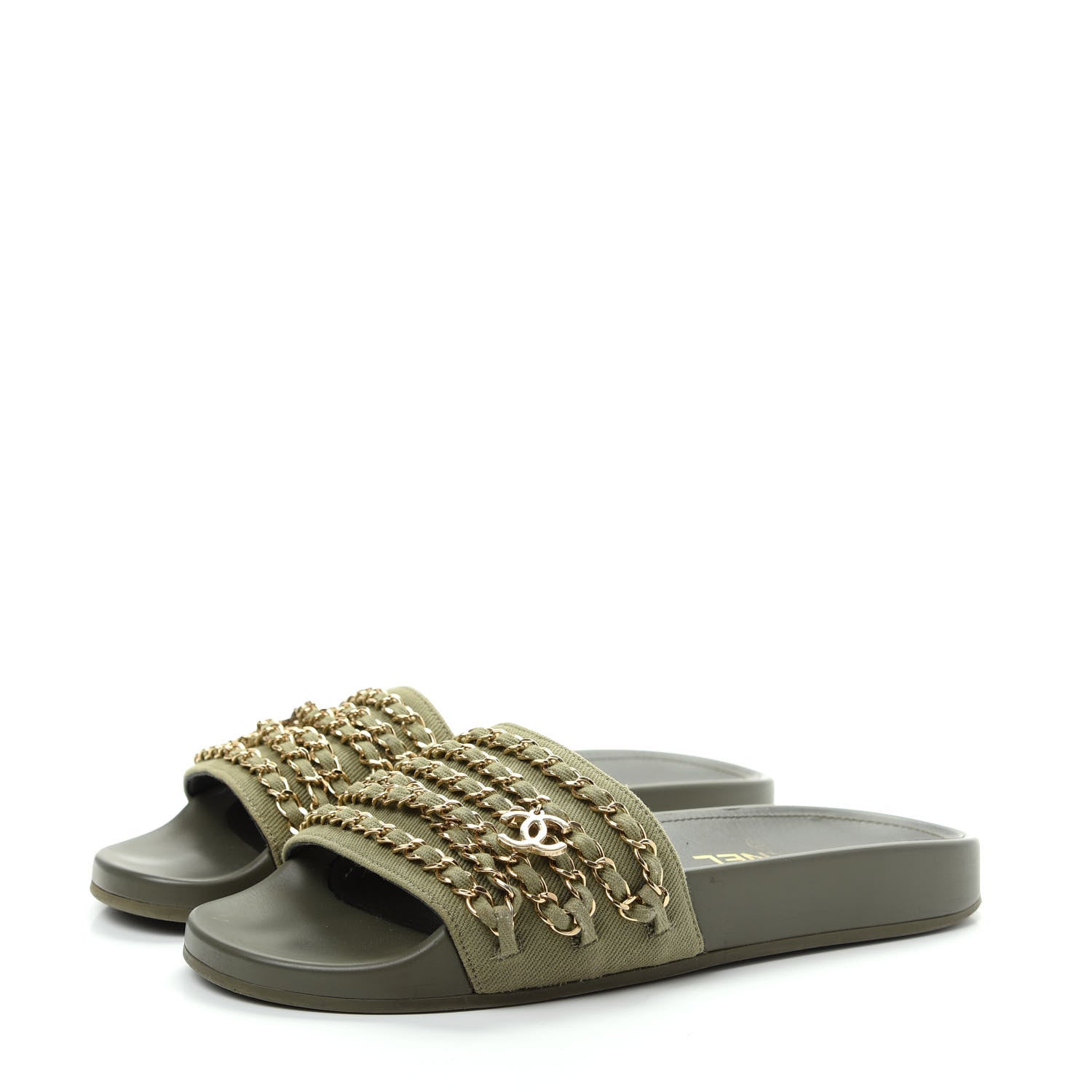 Chanel Canvas Chain Flat Sandals 38 Khaki 3 of 10
