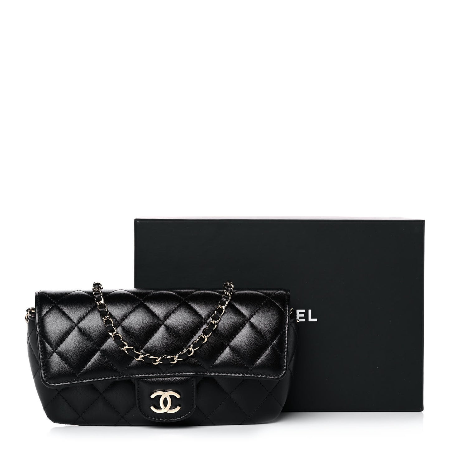 Lambskin Quilted Glasses Case With Chain Black