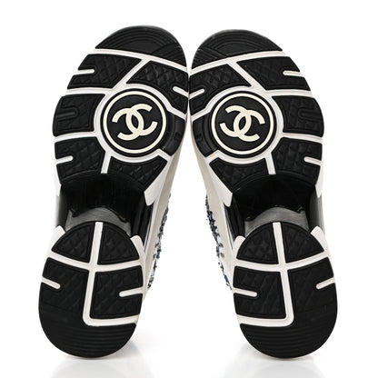 Chanel Tweed Suede Calfskin Womens CC Sneakers 38.5 Dark Blue Black Grey White 5 of 9