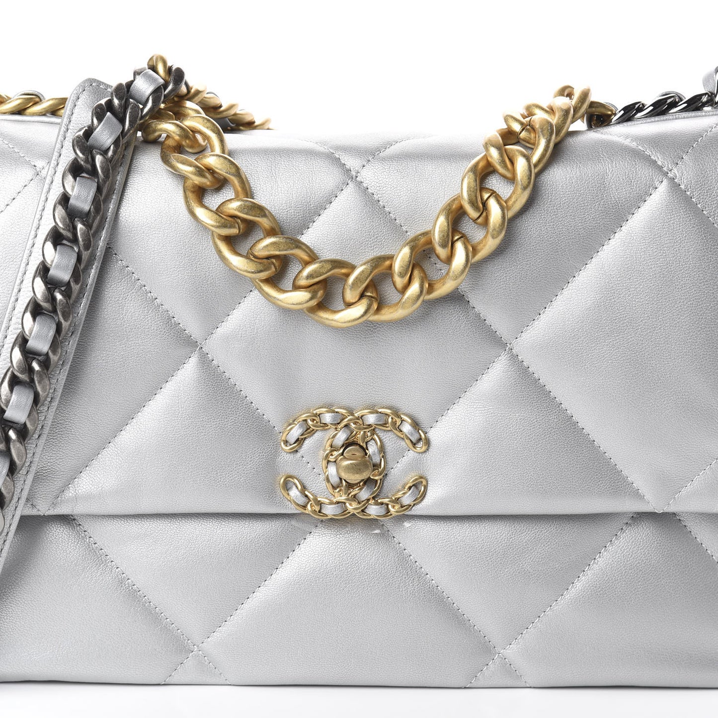 Metallic Goatskin Quilted Large 19 Flap Silver