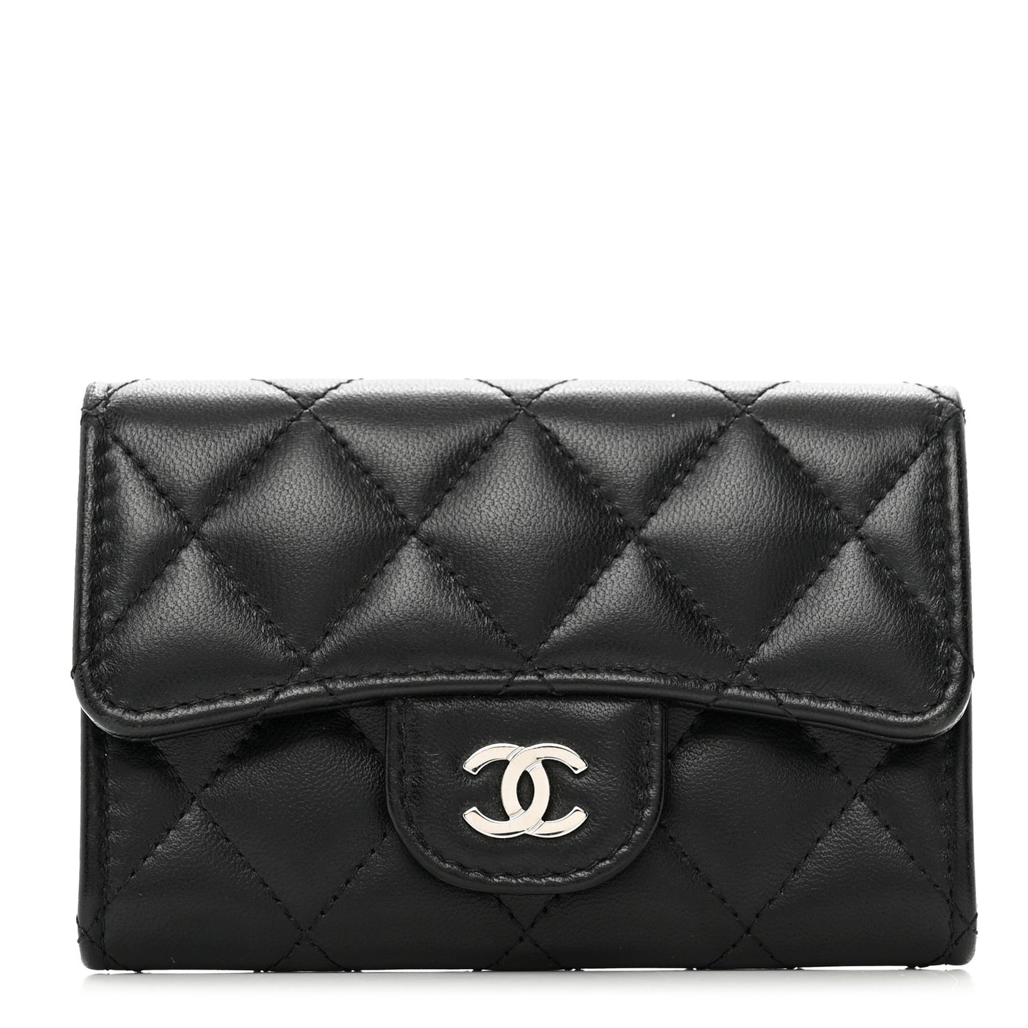 Lambskin Quilted Flap Card Holder Wallet Black