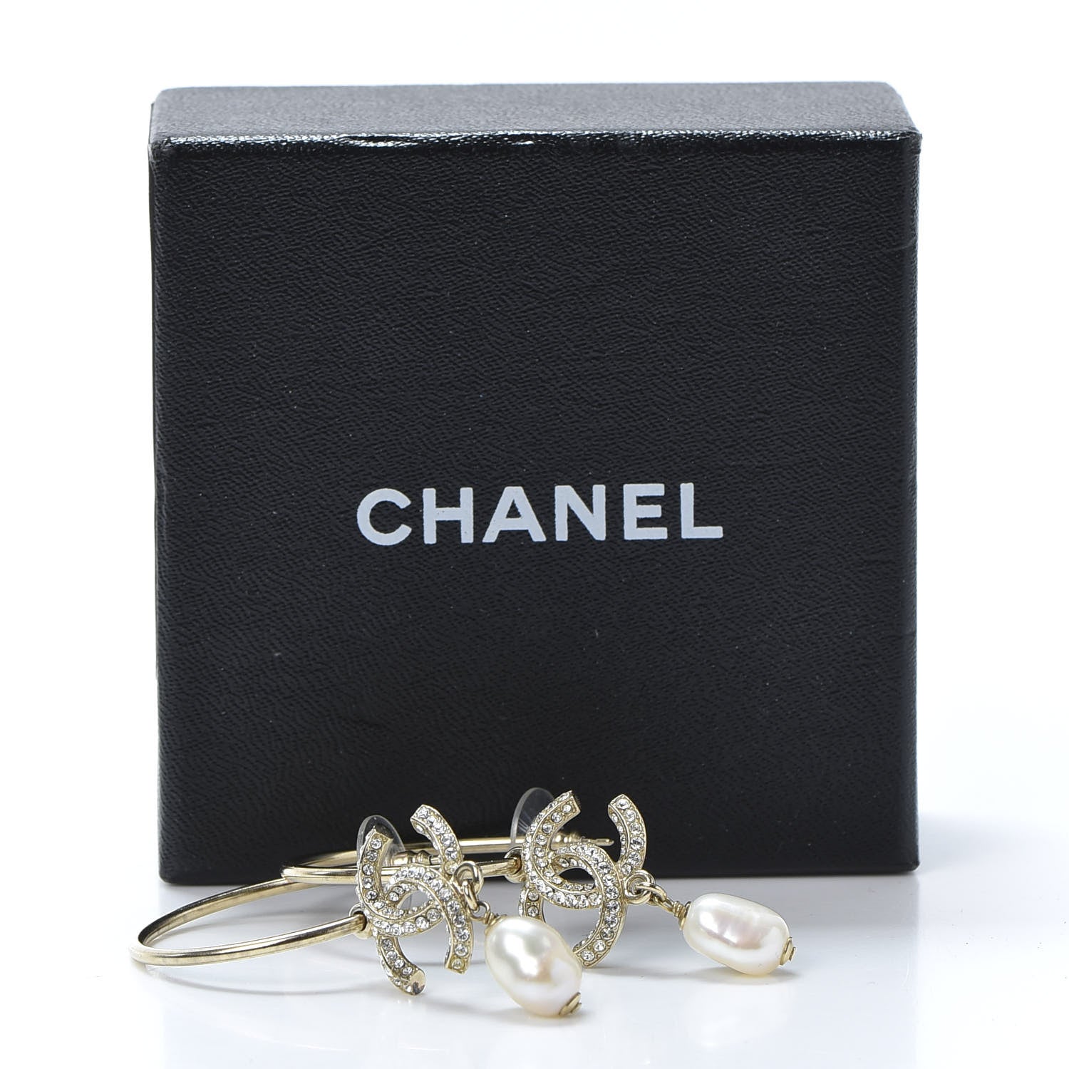 Chanel Crystal Pearl CC Drop Hoop Earrings Gold 5 of 5