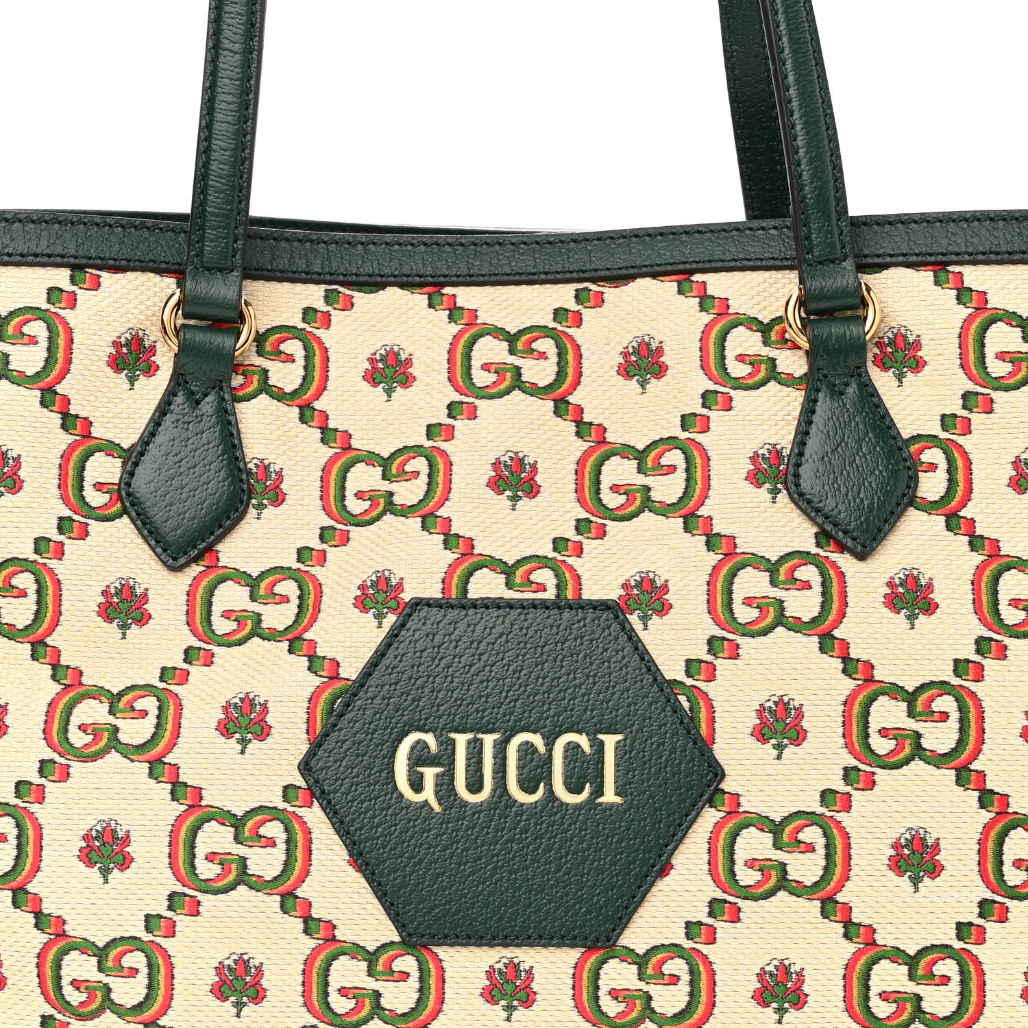 Gucci Cotton Textured Dollar Calfskin GG Monogram Floral Medium Gucci 100 Ophidia Tote Bag Beige Green Multicolor Vintage Green 7 of 9