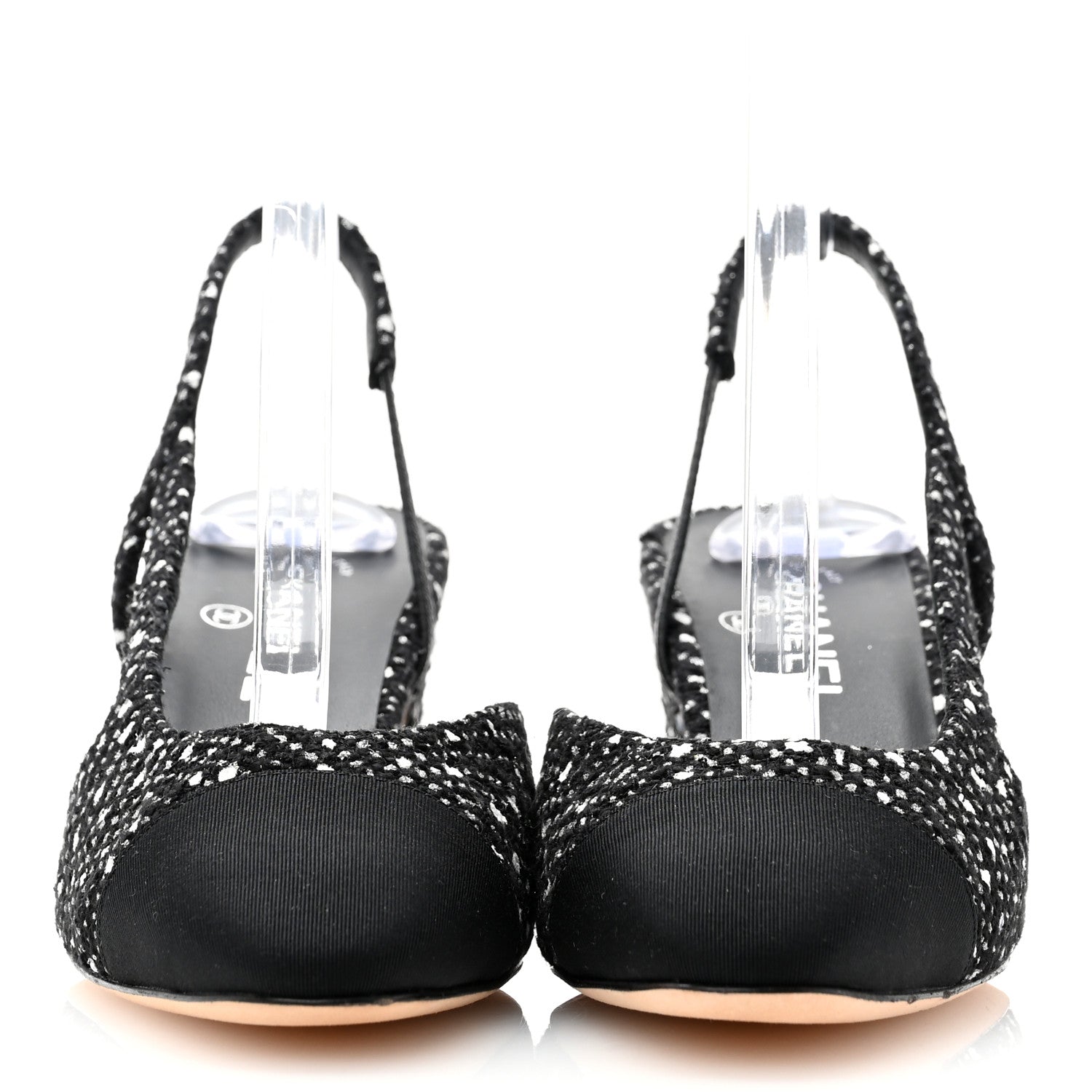 Chanel Tweed Grosgrain Cap Toe CC Slingback Pumps 39 Black Silver White 2 of 9