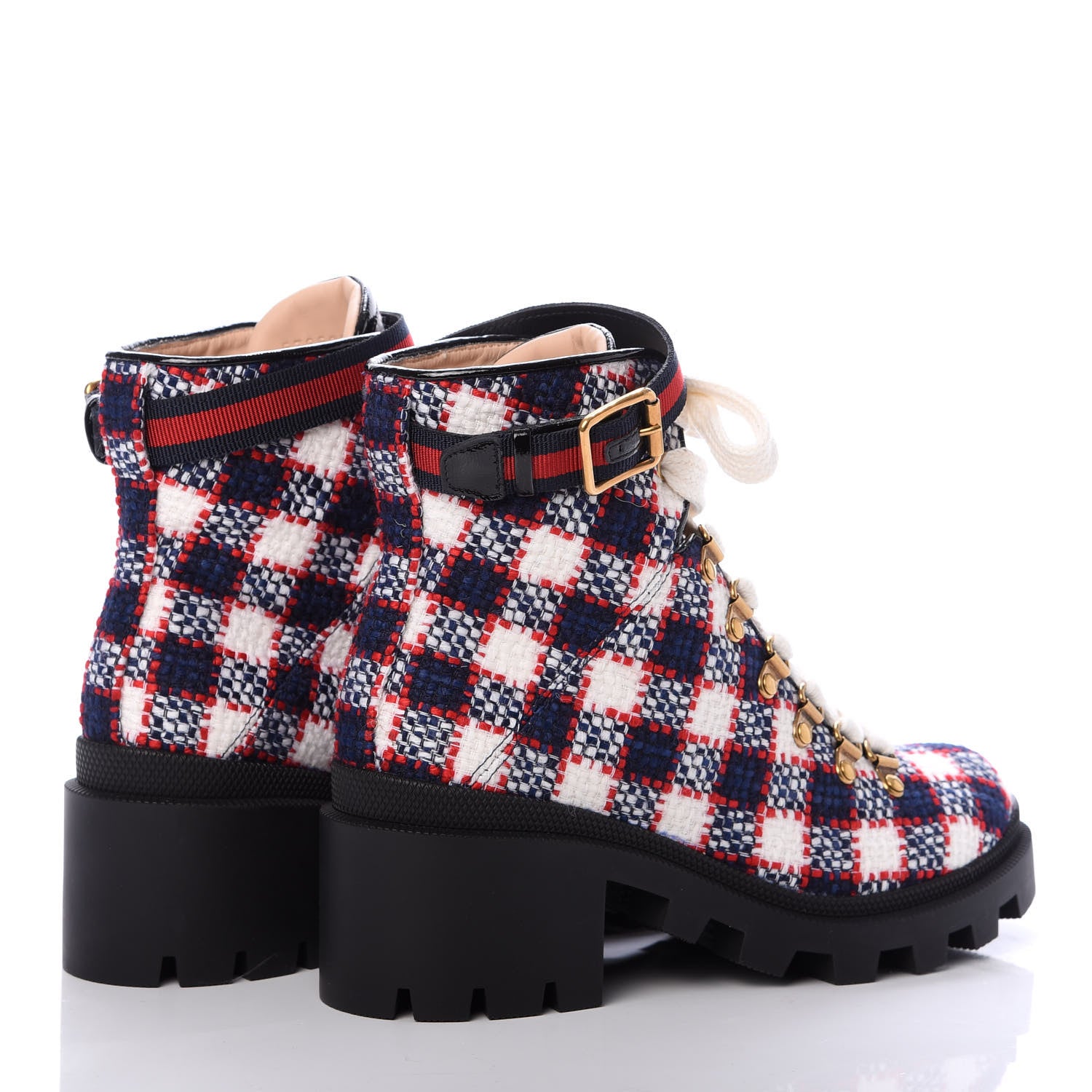 Gucci Vintage Tweed Check Lace Up Combat Ankle Boots 37.5 White Hibiscus Red Marine 4 of 6