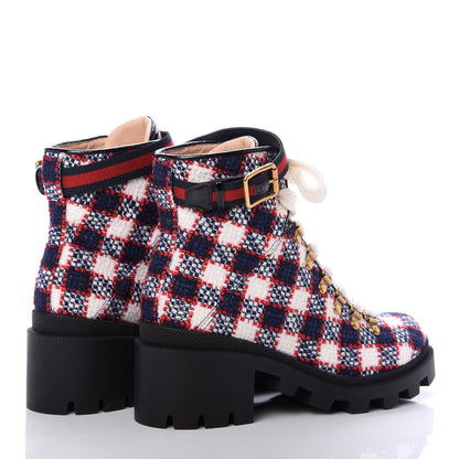 Gucci Vintage Tweed Check Lace Up Combat Ankle Boots 37.5 White Hibiscus Red Marine 4 of 6