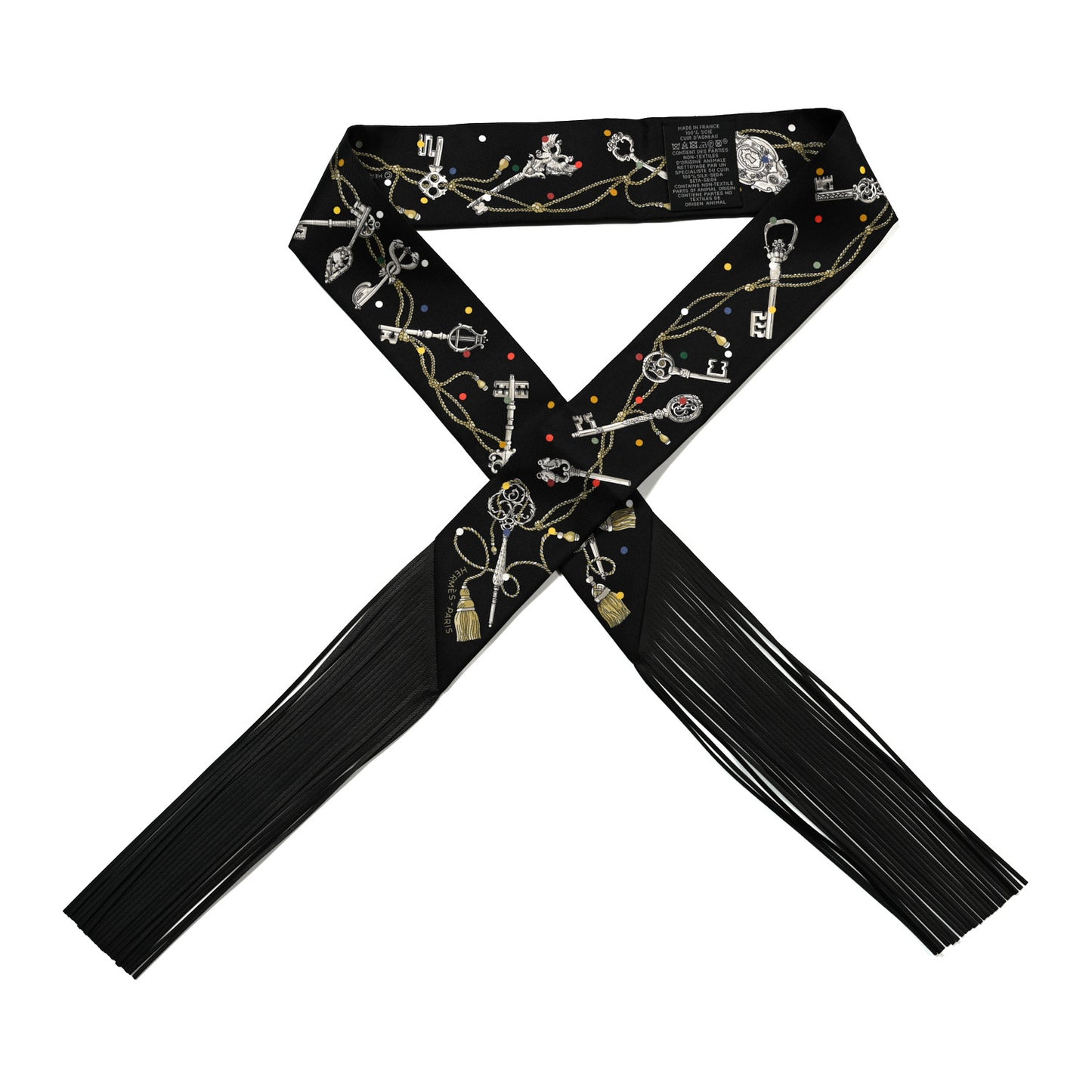 Silk Calfskin Les Cles A Pois Fringed Twilly  Black Mordore White