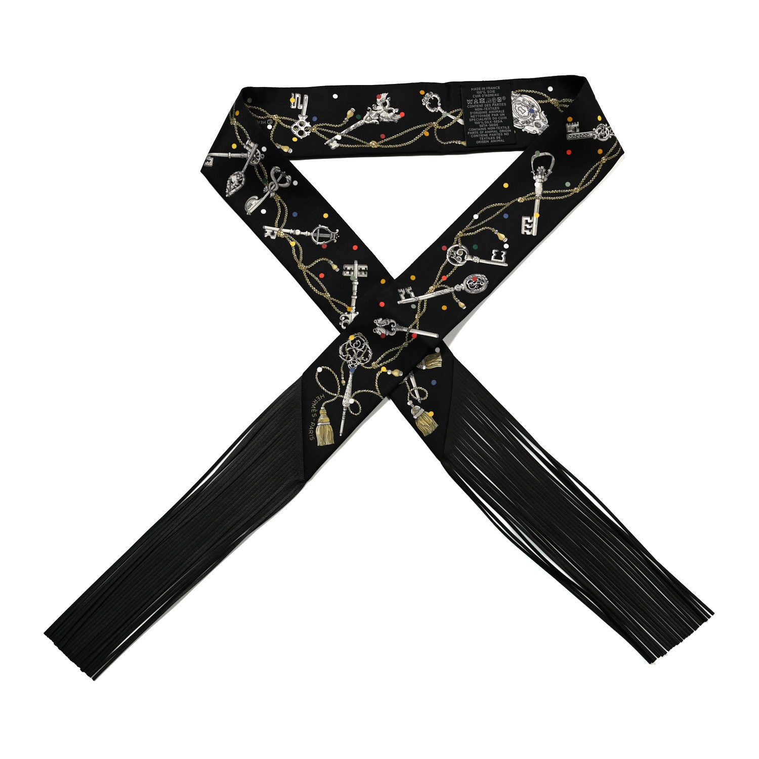 Hermes Silk Calfskin Les Cles A Pois Fringed Twilly  Black Mordore White 1 of 4