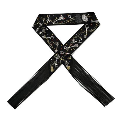 Hermes Silk Calfskin Les Cles A Pois Fringed Twilly  Black Mordore White 1 of 4
