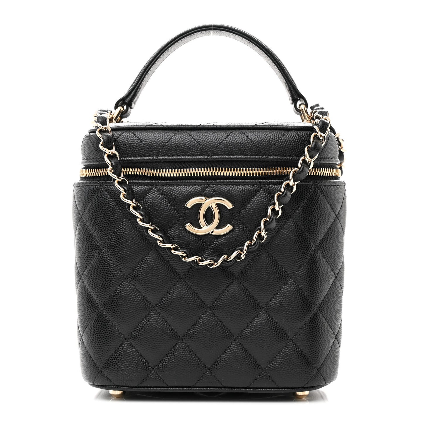 Caviar Quilted Small Top Handle Vanity Case With Chain Black