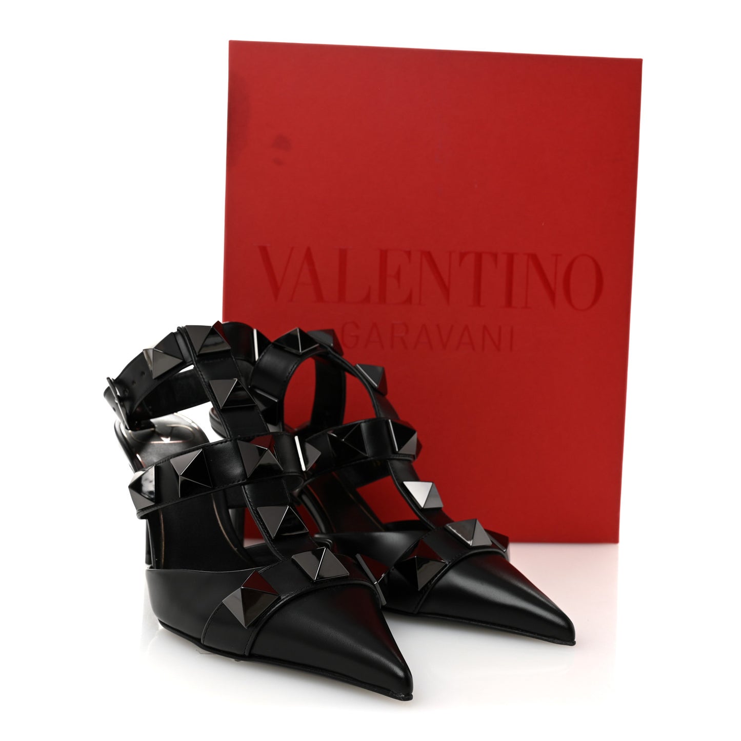 Calfskin Monochrome Roman Stud Ankle Strap 80mm Pumps 36 Black
