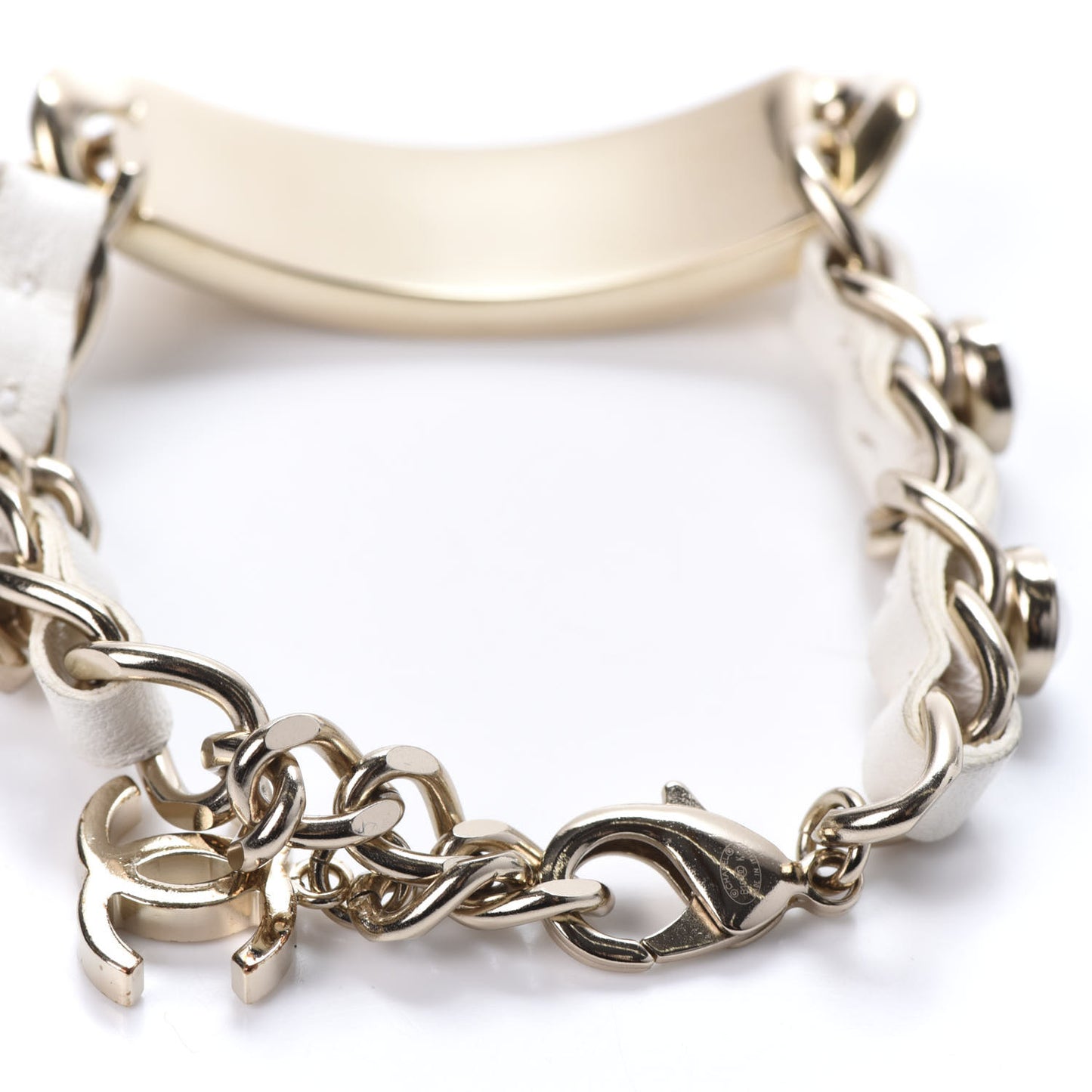 Metal Lambskin Pearl Name Plate Bracelet White Gold