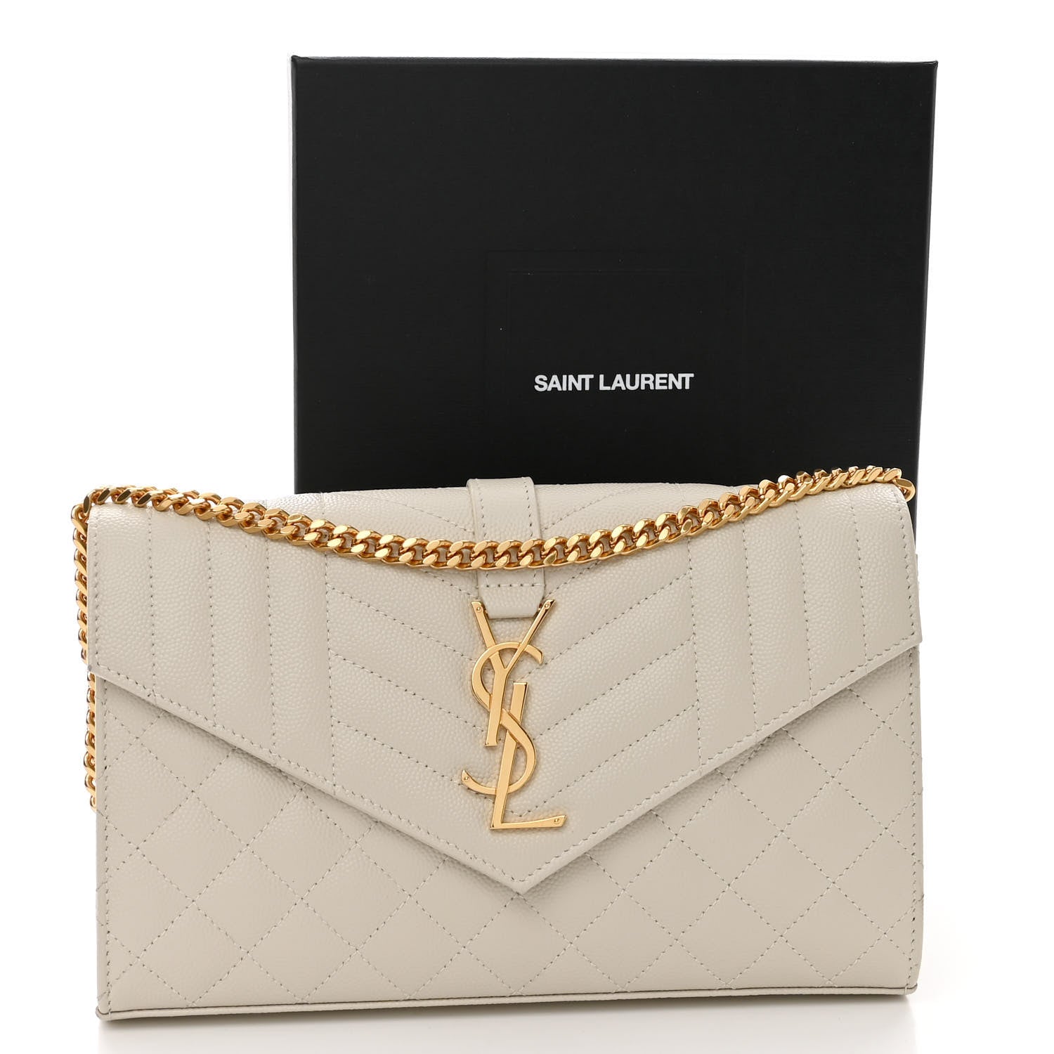 Saint Laurent Grain De Poudre Mixed Matelasse Triquilt Monogram Chain Wallet Crema Soft 10 of 10