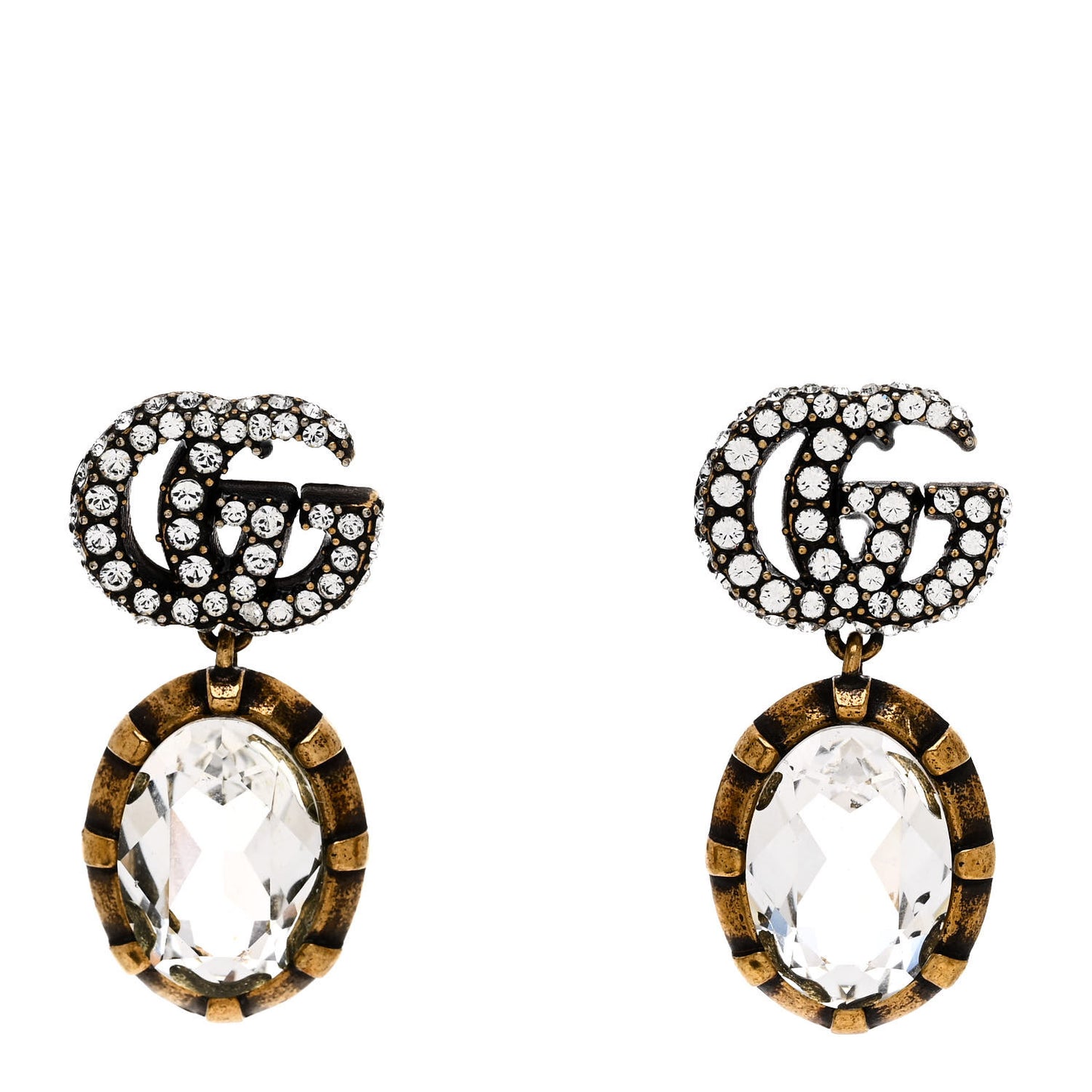 Metal Crystal Double G Drop Earrings Aged Gold