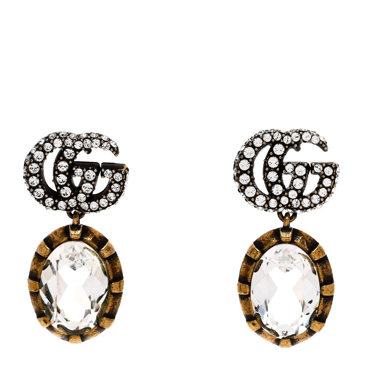 Gucci Metal Crystal Double G Drop Earrings Aged Gold 1 of 5