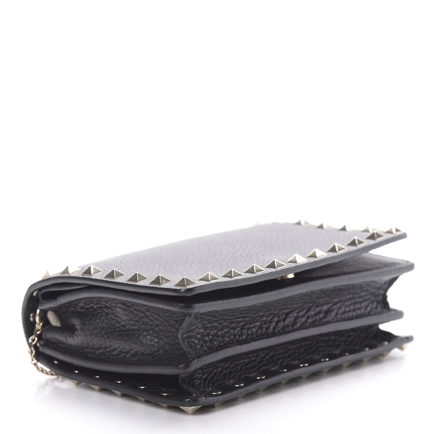 Pebbled Calfskin Rockstud Wallet on Chain Black