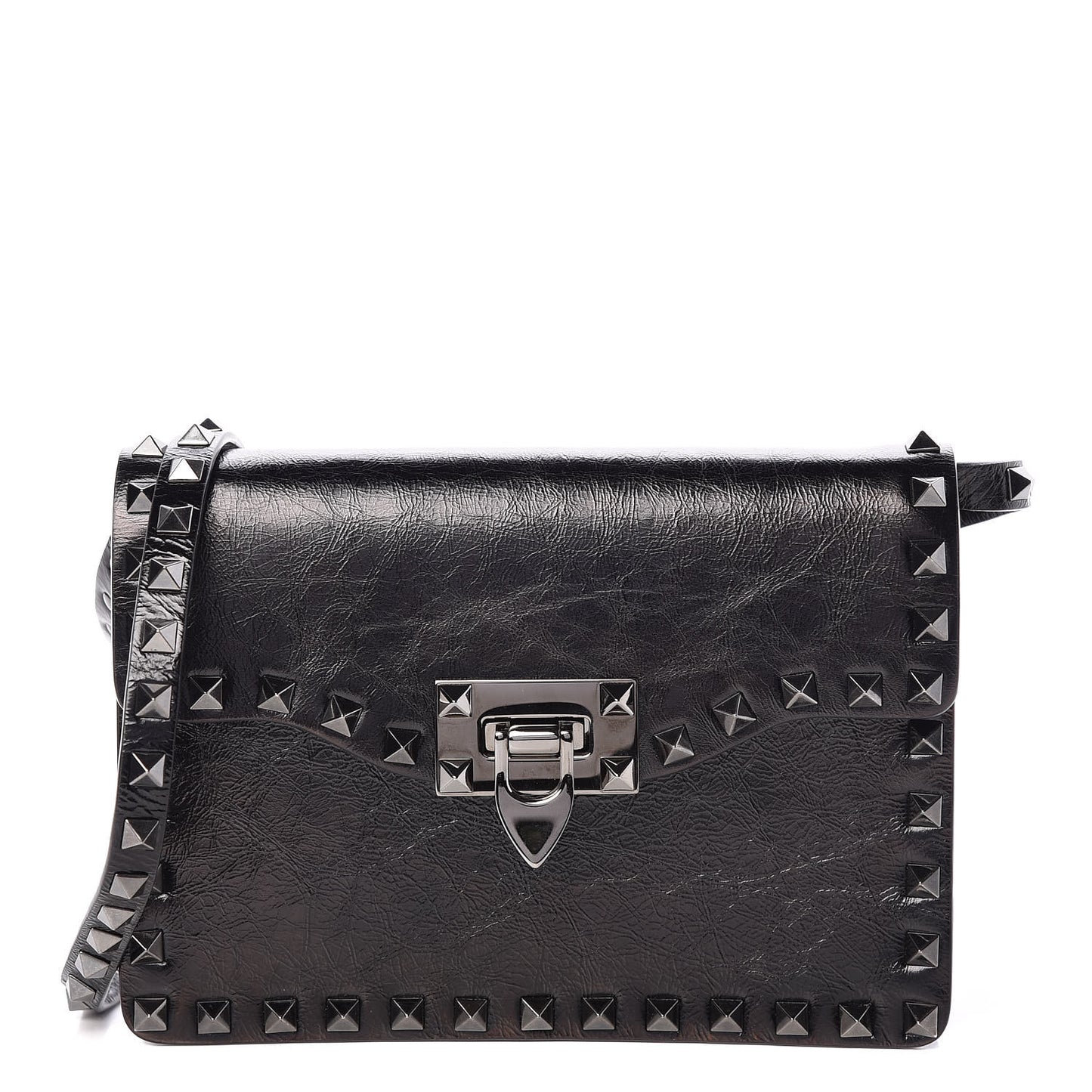 Craquele Calfskin Rockstud Shoulder Flap Bag Black