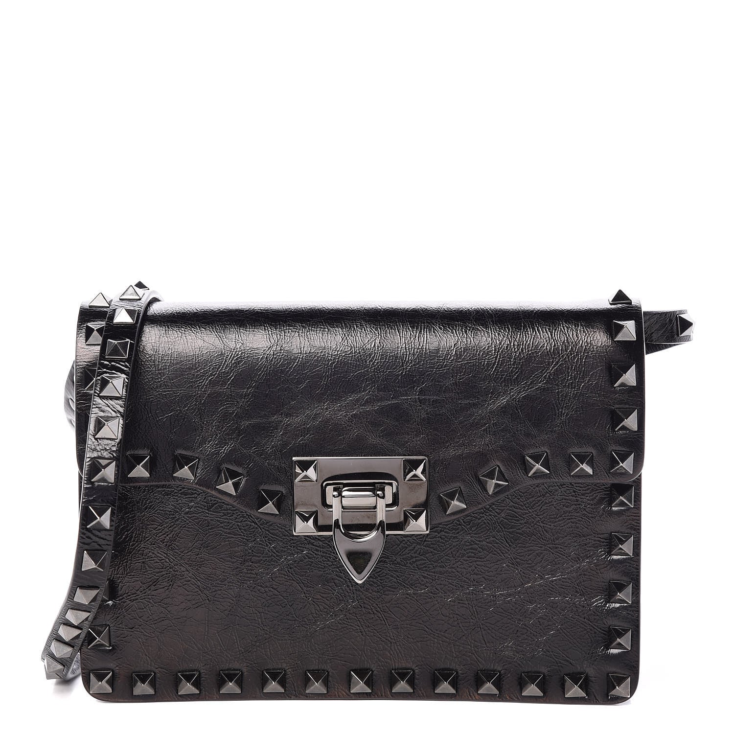 Valentino Garavani Craquele Calfskin Rockstud Shoulder Flap Bag Black 1 of 8