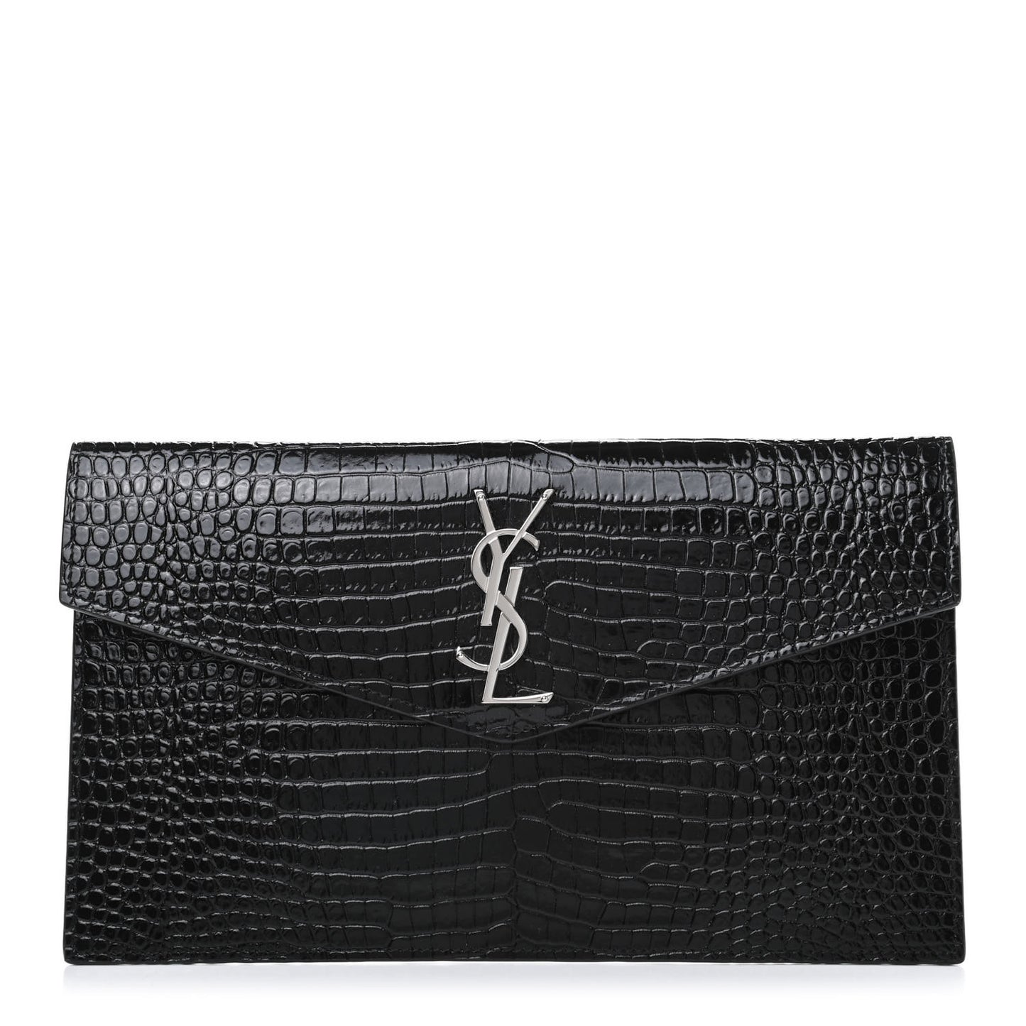 Calfskin Crocodile Embossed Uptown Monogram Clutch Black