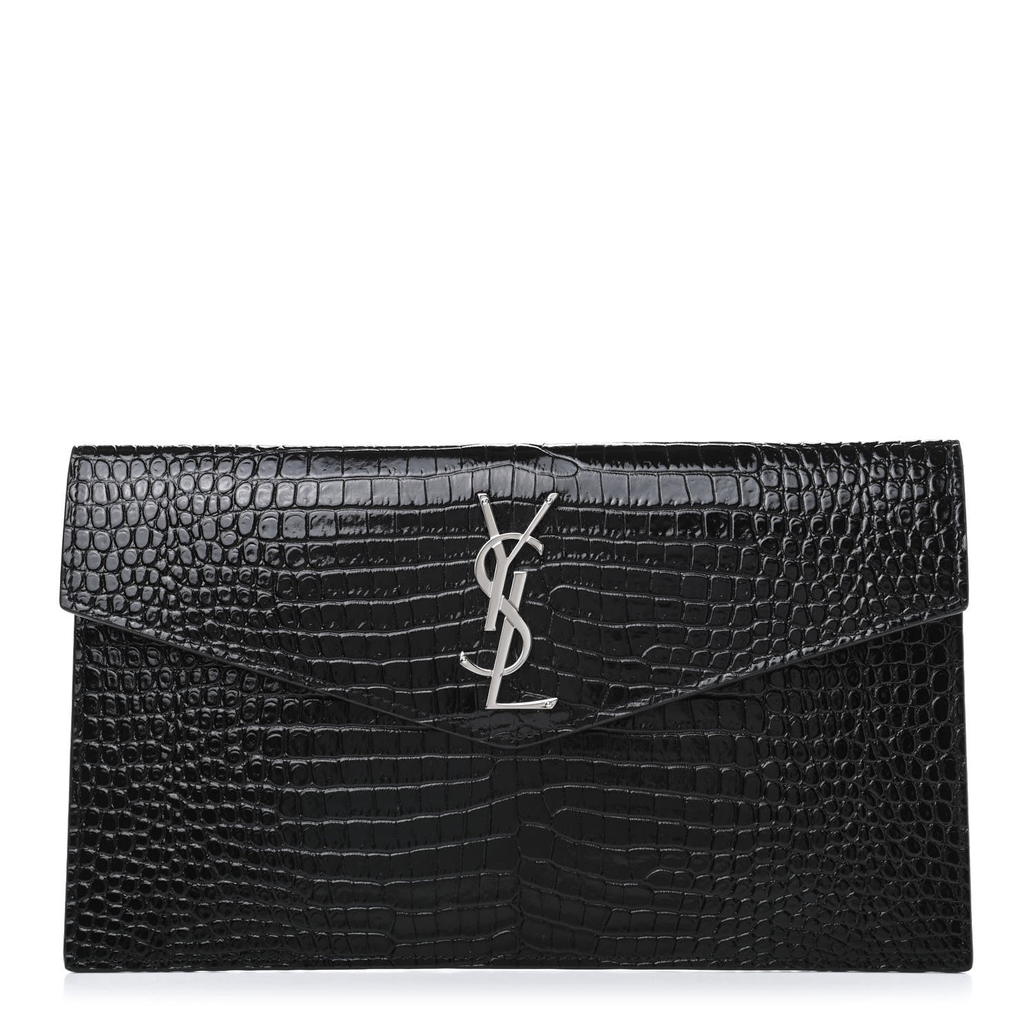 Saint Laurent Calfskin Crocodile Embossed Uptown Monogram Clutch Black 1 of 7
