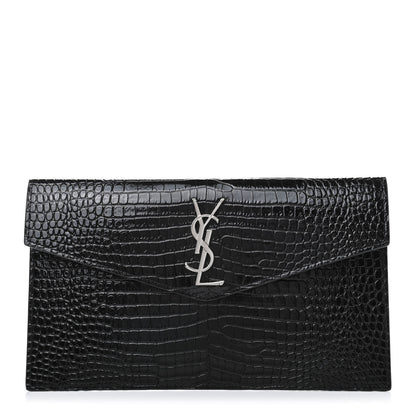 Saint Laurent Calfskin Crocodile Embossed Uptown Monogram Clutch Black 1 of 7
