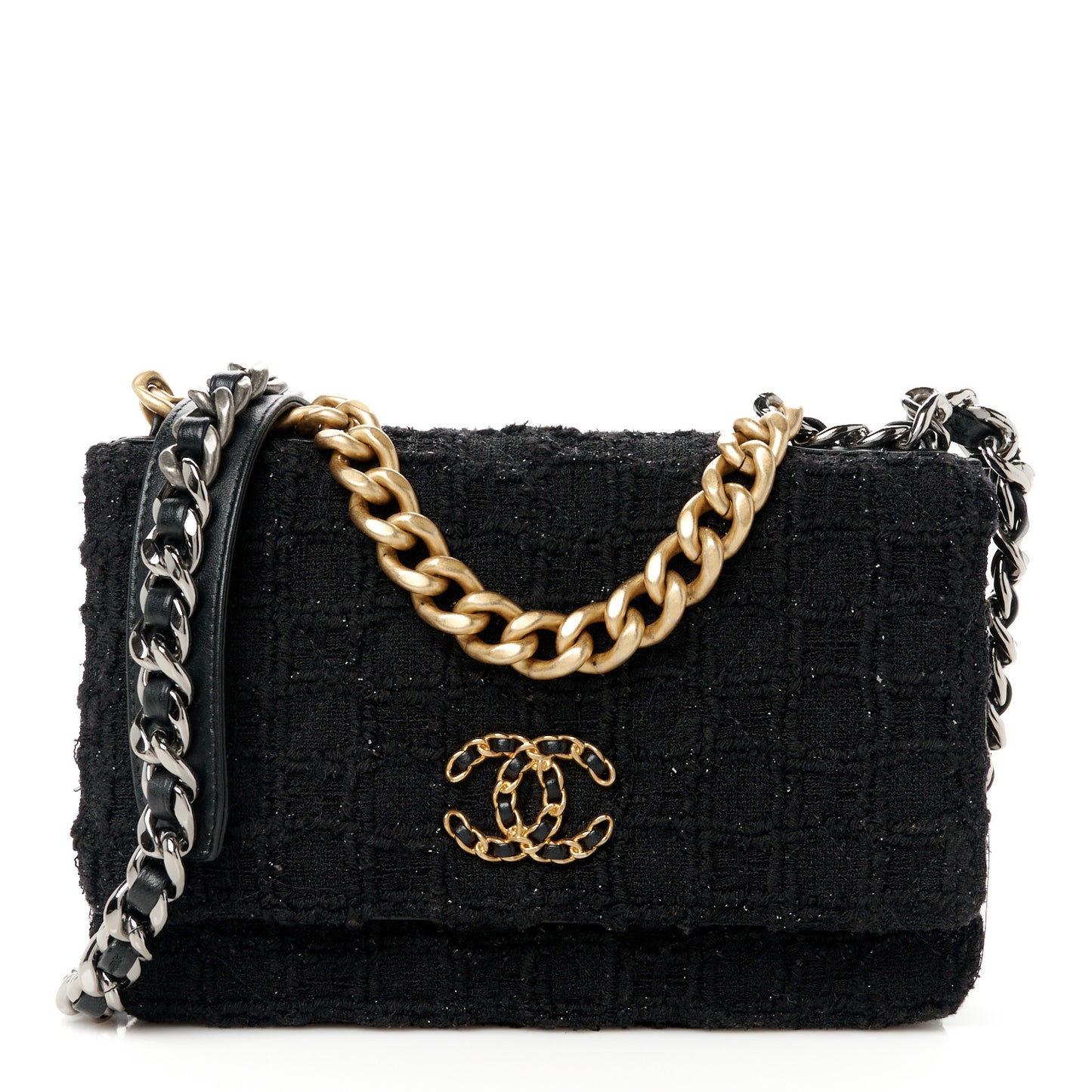 Tweed Quilted Chanel 19 Wallet On Chain WOC Black