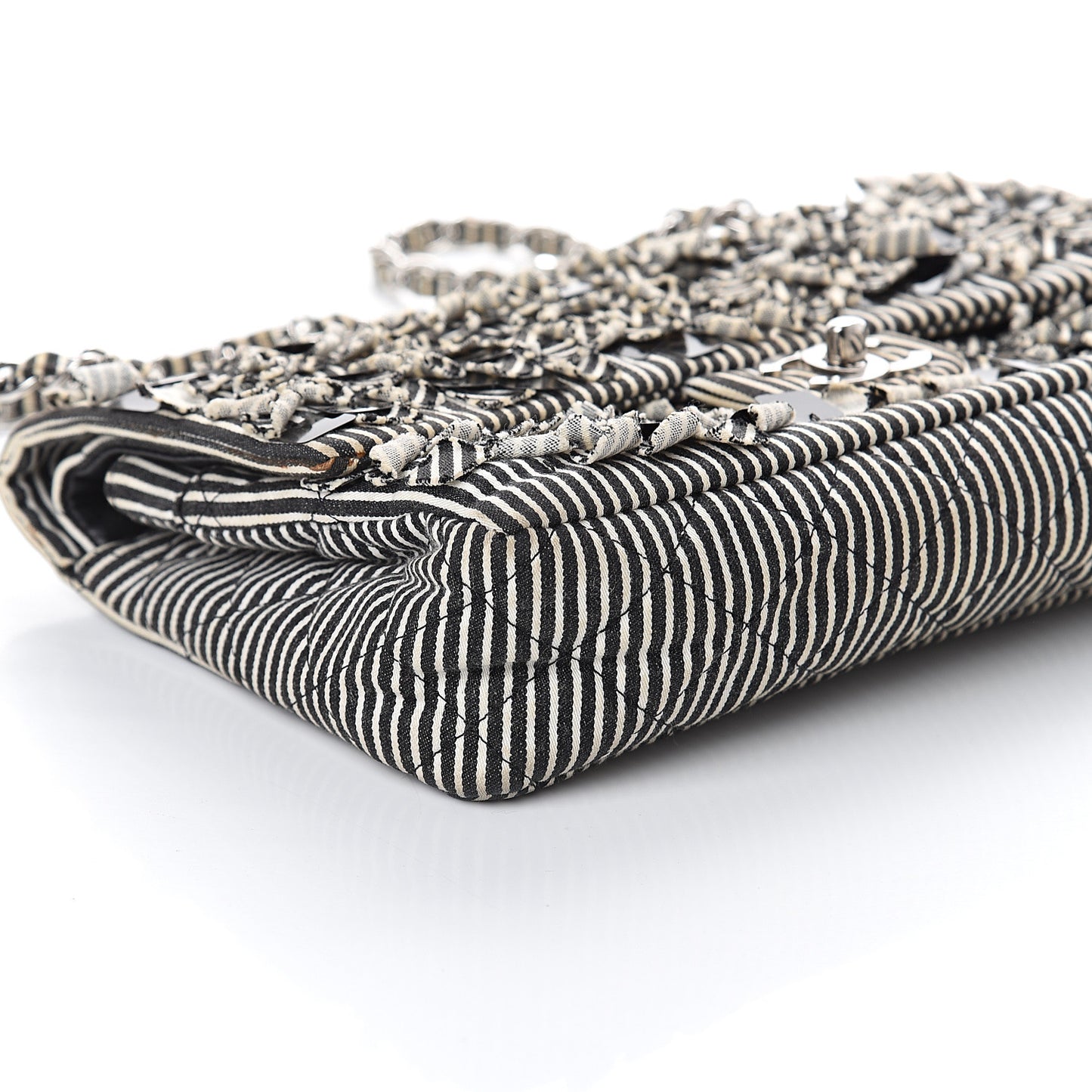 Canvas Sequin Stripe Medium Double Flap Black White