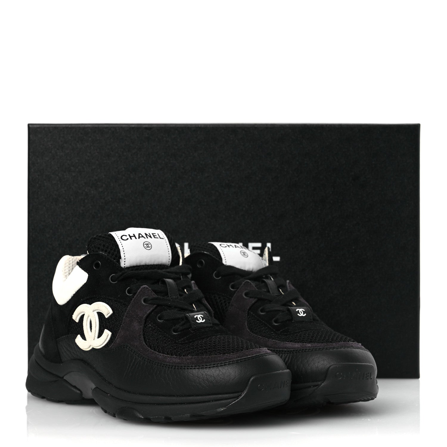 Chanel Mesh Suede Grained Calfskin Womens CC Sneakers 37 Black White 11 of 11