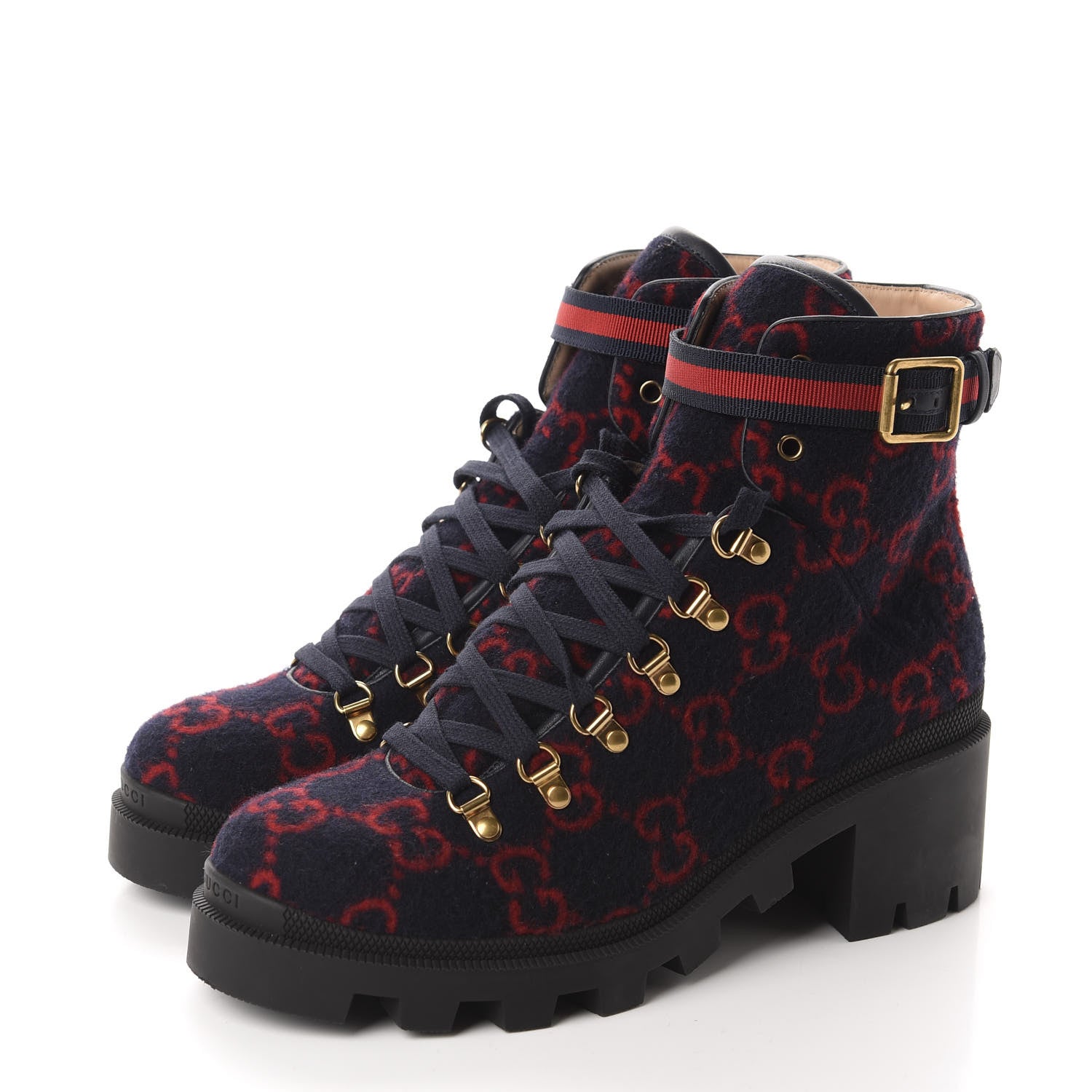 Gucci Covered Wool Big GG Monogram Womens Lace Up Combat Ankle Boots 42 Blue Red 3 of 10
