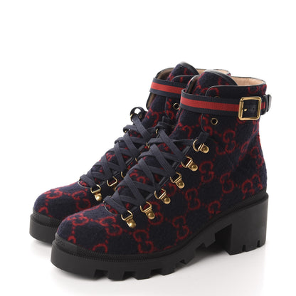 Gucci Covered Wool Big GG Monogram Womens Lace Up Combat Ankle Boots 42 Blue Red 3 of 10