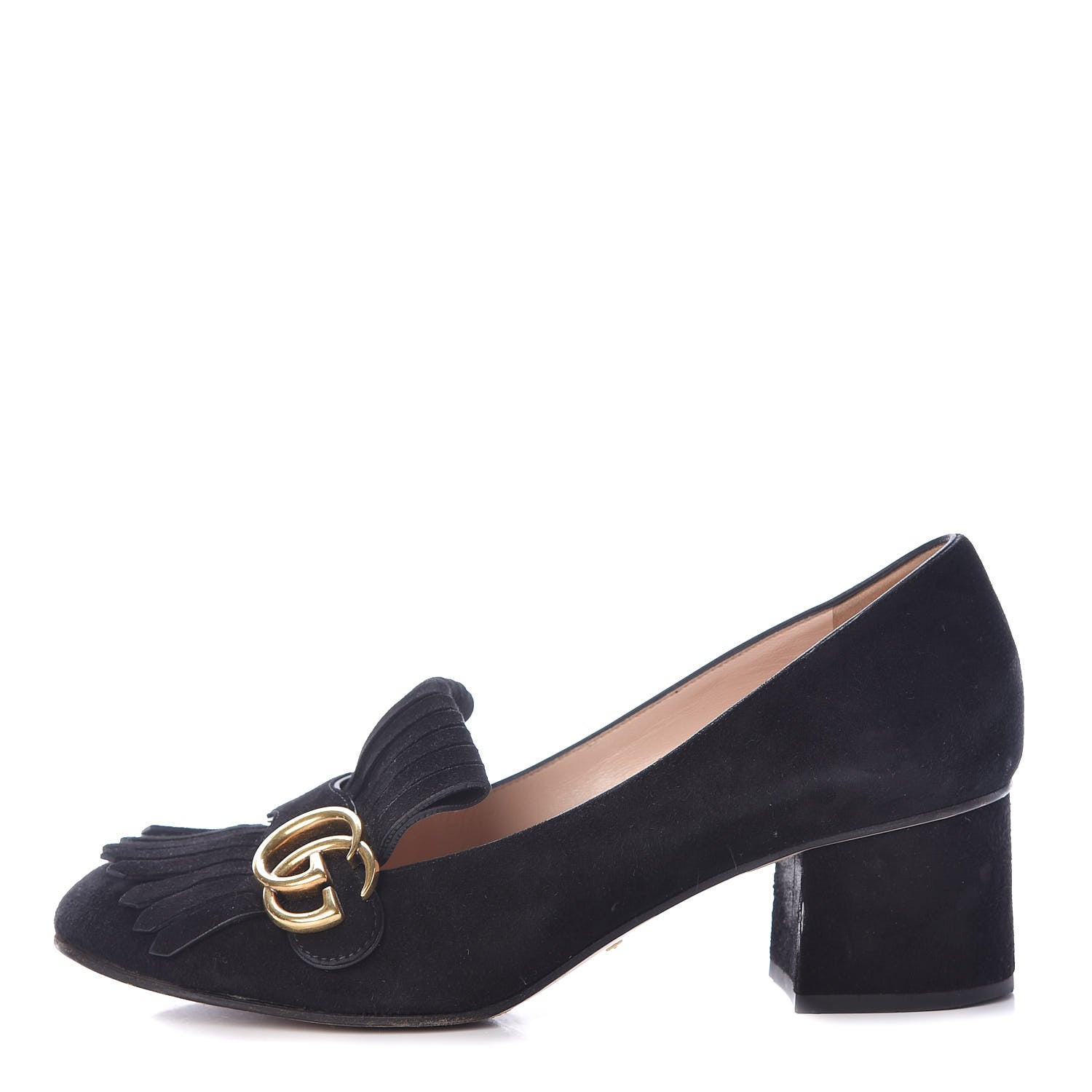 Gucci Kid Scamosciato GG Marmont Fringe 50mm Loafer Pumps 39 Black 1 of 9