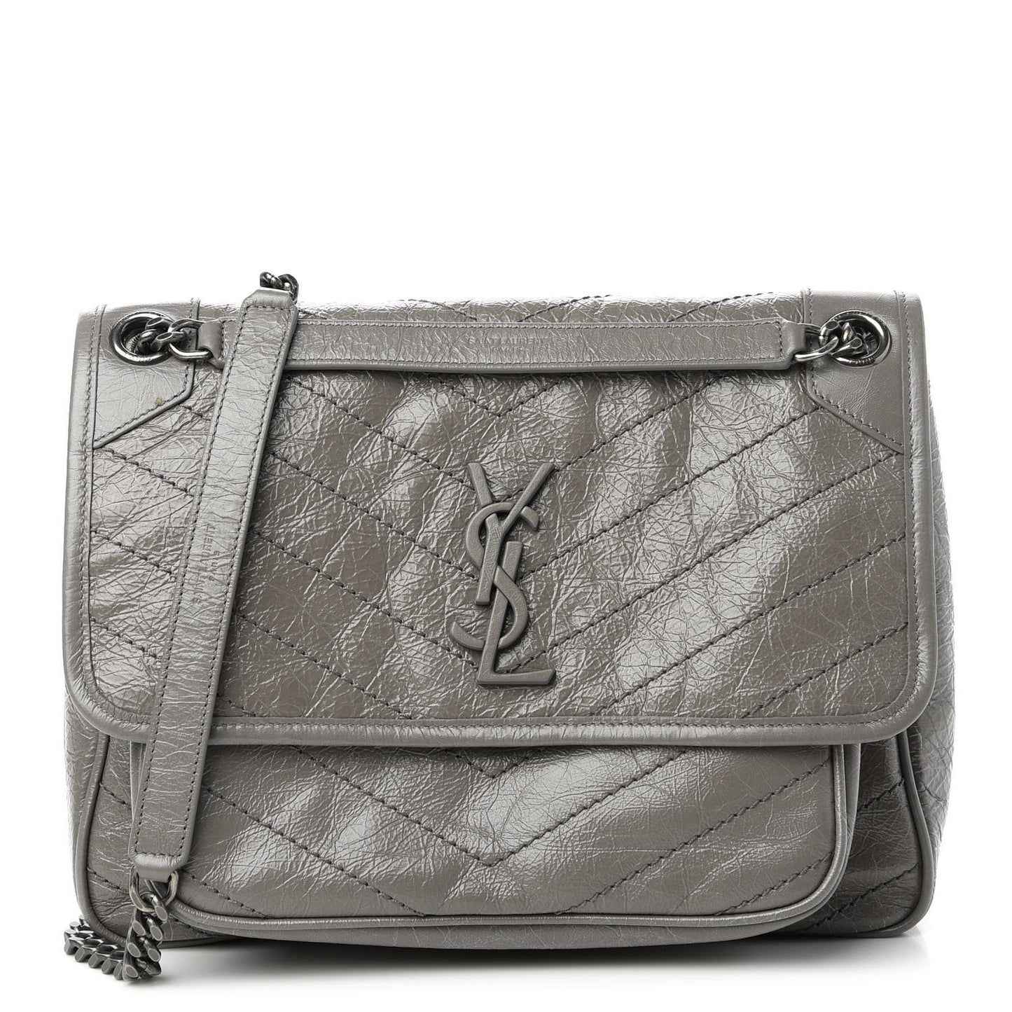 Crinkled Calfskin Matelasse Monogram Medium Niki Chain Satchel Fog