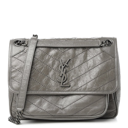 Saint Laurent Crinkled Calfskin Matelasse Monogram Medium Niki Chain Satchel Fog 1 of 10