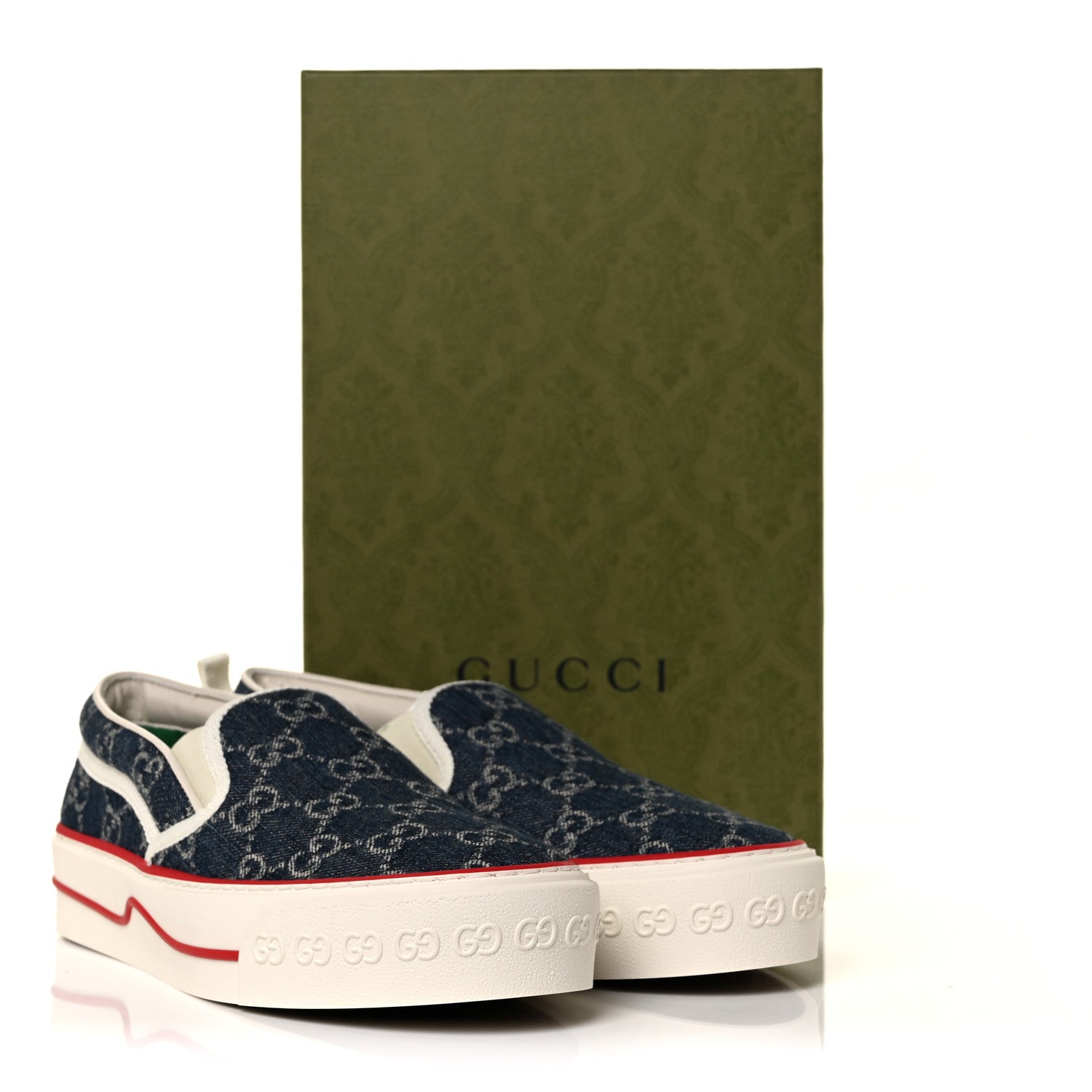 Gucci New Denim GG Monogram Womens 1977 Tennis Slip On 30mm Sneakers 38.5 Blue Tea Mystic White 8 of 8