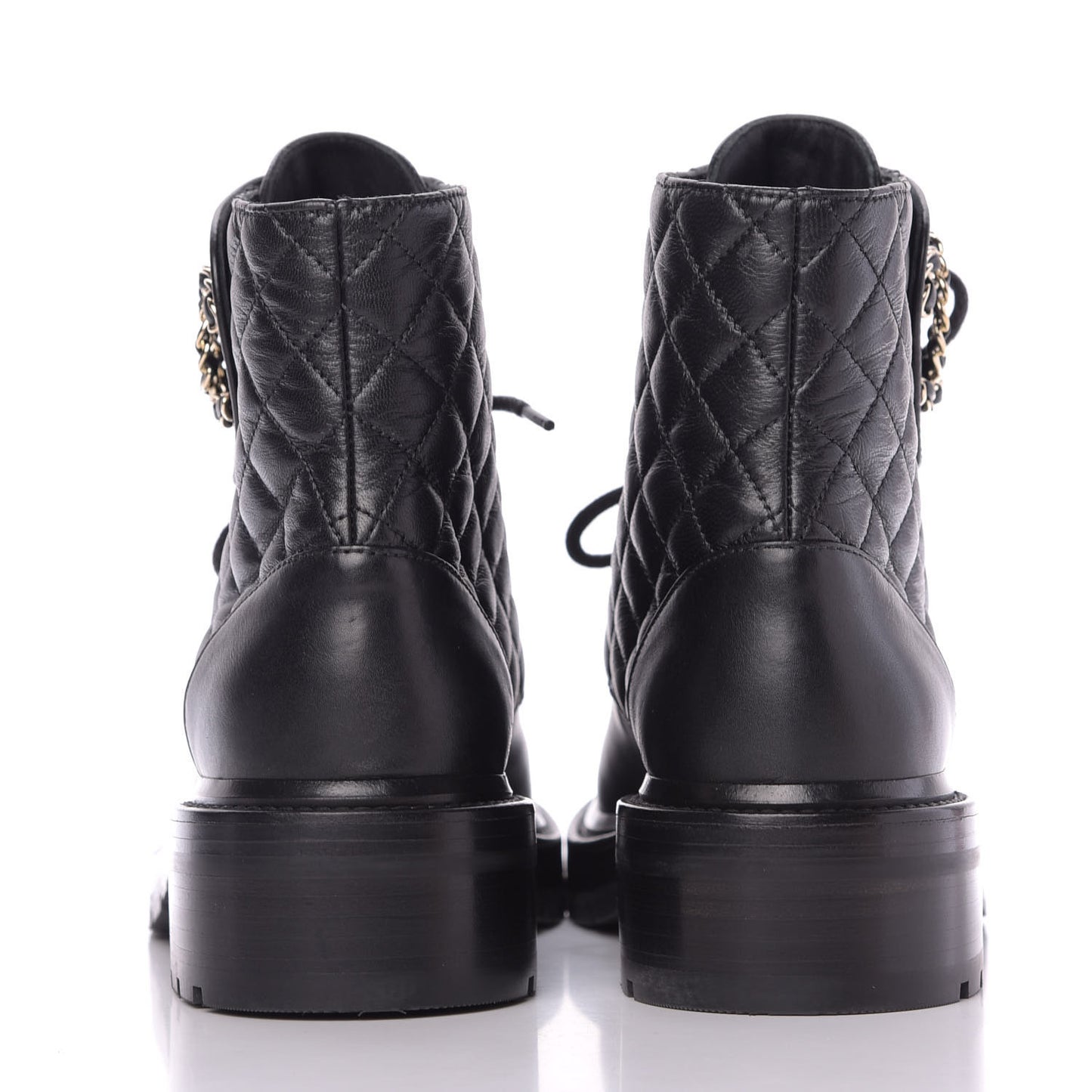 Shiny Lambskin Quilted Lace Up Combat Boots 38 Black