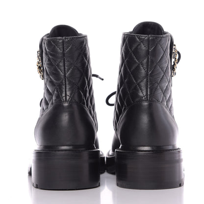 Chanel Shiny Lambskin Quilted Lace Up Combat Boots 38 Black 7 of 9