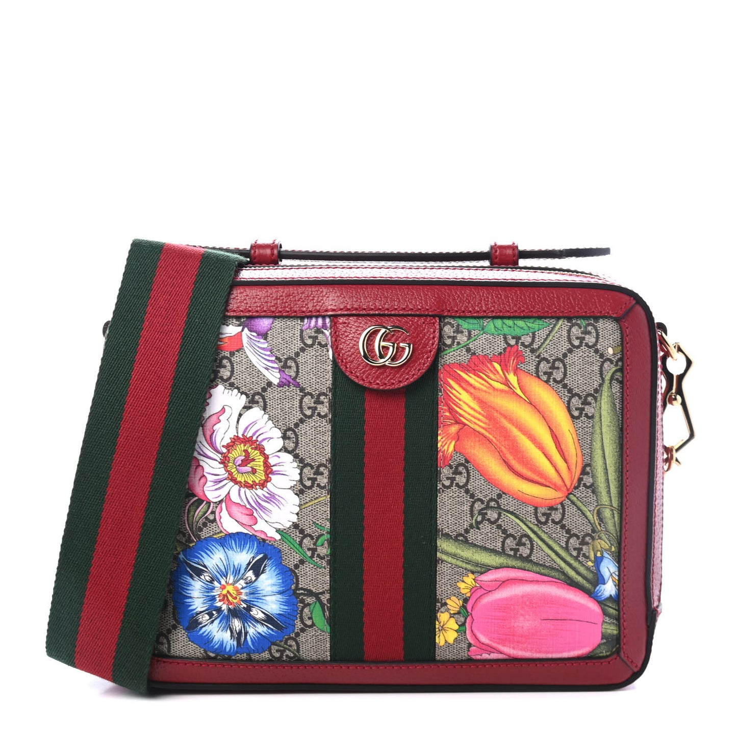 GG Supreme Monogram Flora Web Small Ophidia Top Handle Shoulder Bag Hibiscus Red