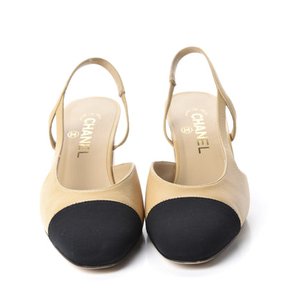 Chanel Goatskin Grosgrain Cap Toe CC Slingback Sandals 38.5 Beige Black 2 of 15