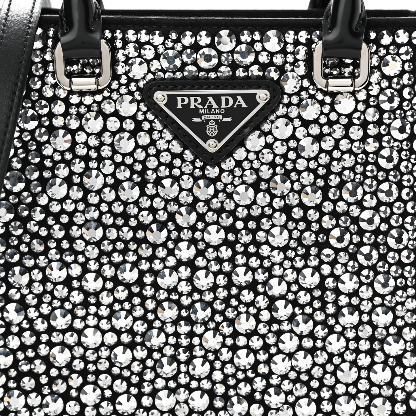 Satin Crystal Metal Triangle Logo Small Double Handle Crossbody Tote Metal