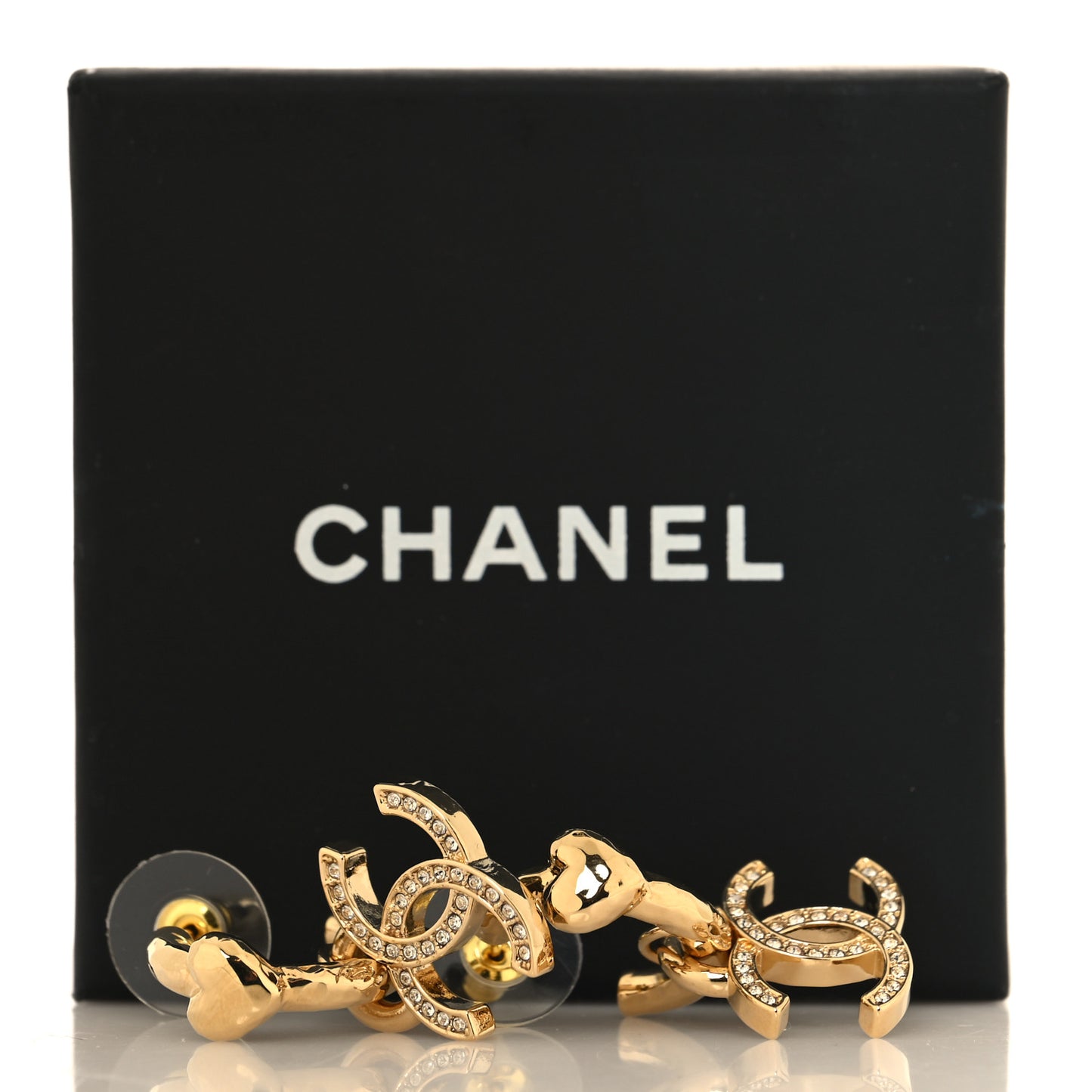 Metal Crystal CC Heart Drop Hoop Earrings Gold
