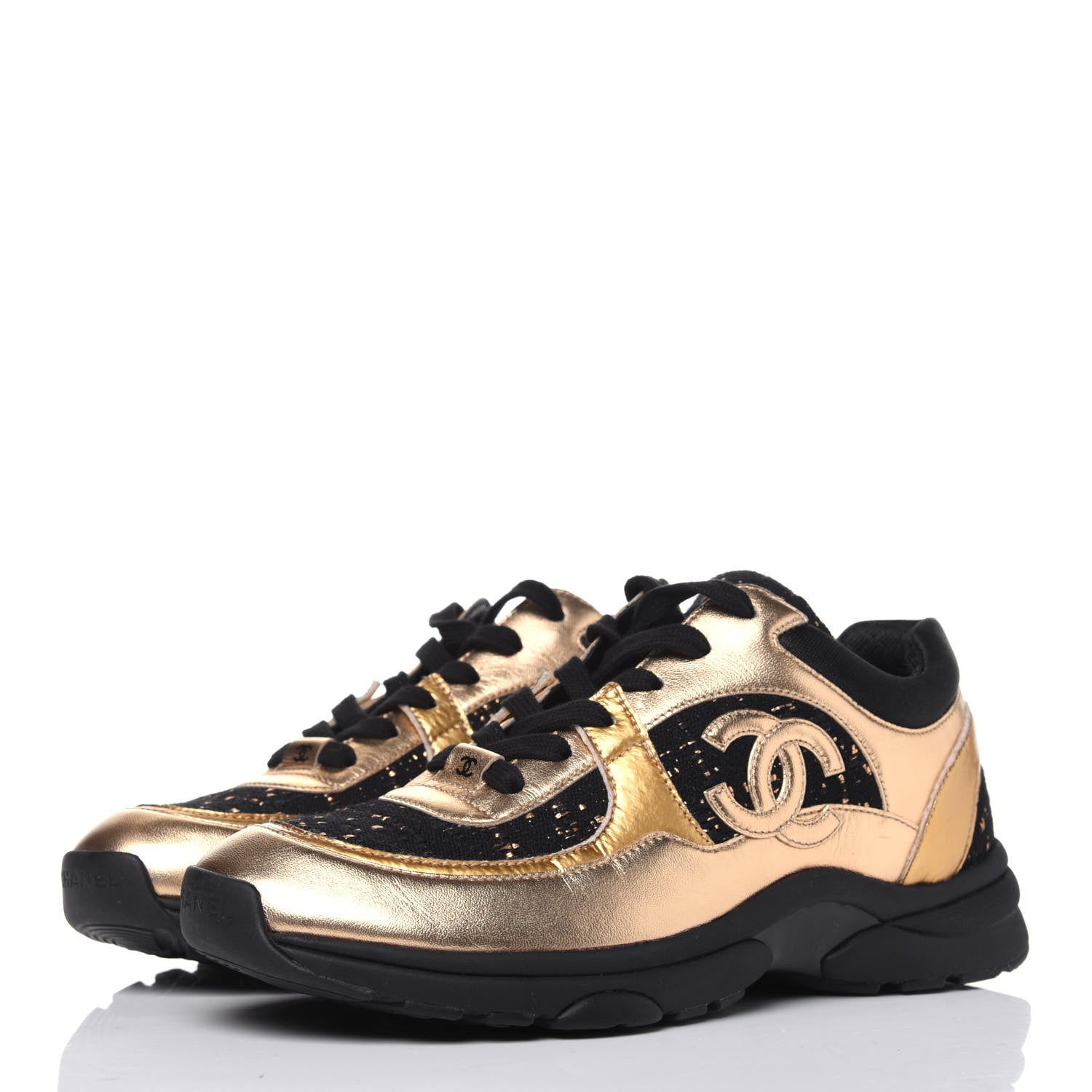 Chanel Satin Lambskin Fabric Tweed CC Sneakers 39 Gold Black 3 of 9