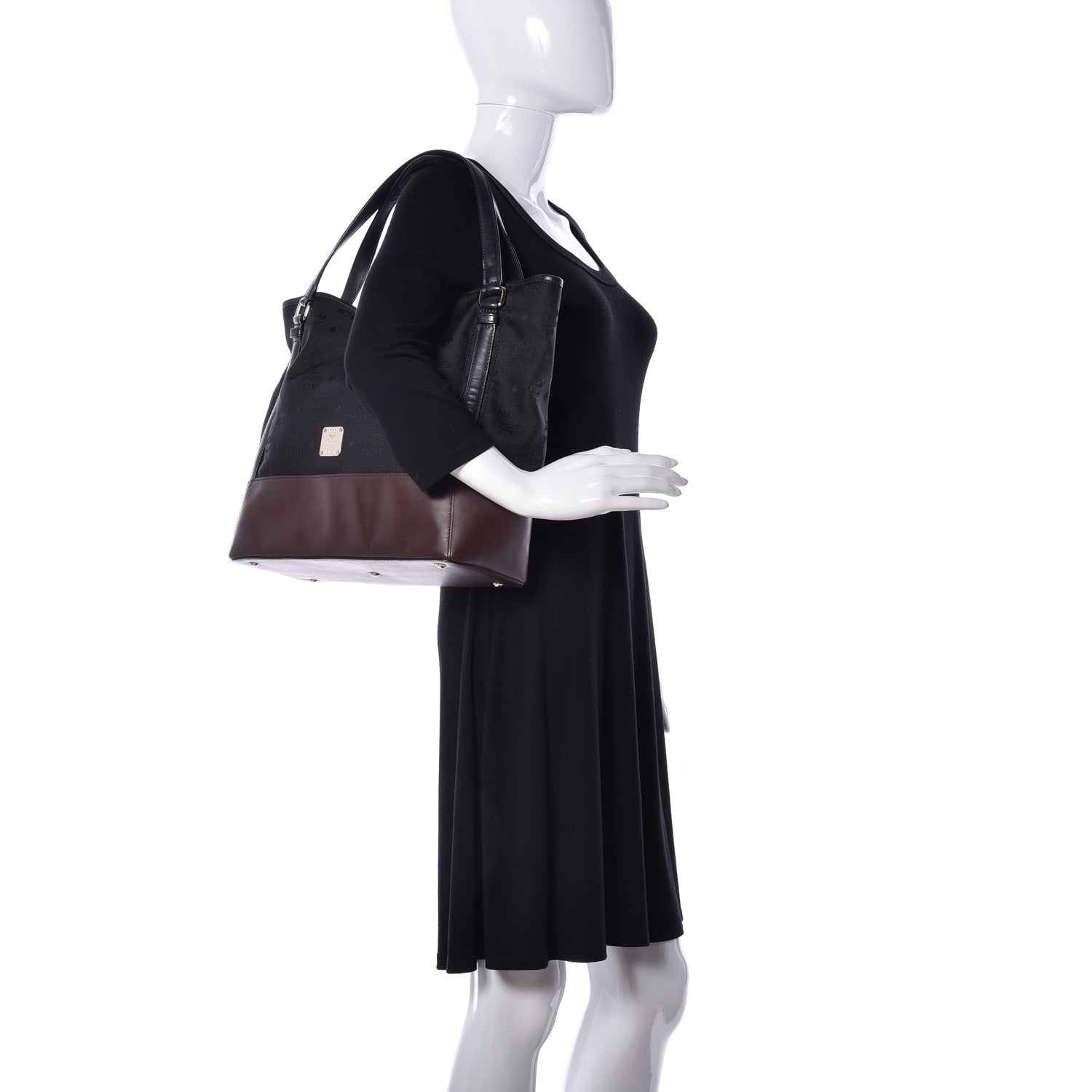 MCM Nylon Monogram Calfskin Shopper Tote Black 2 of 9