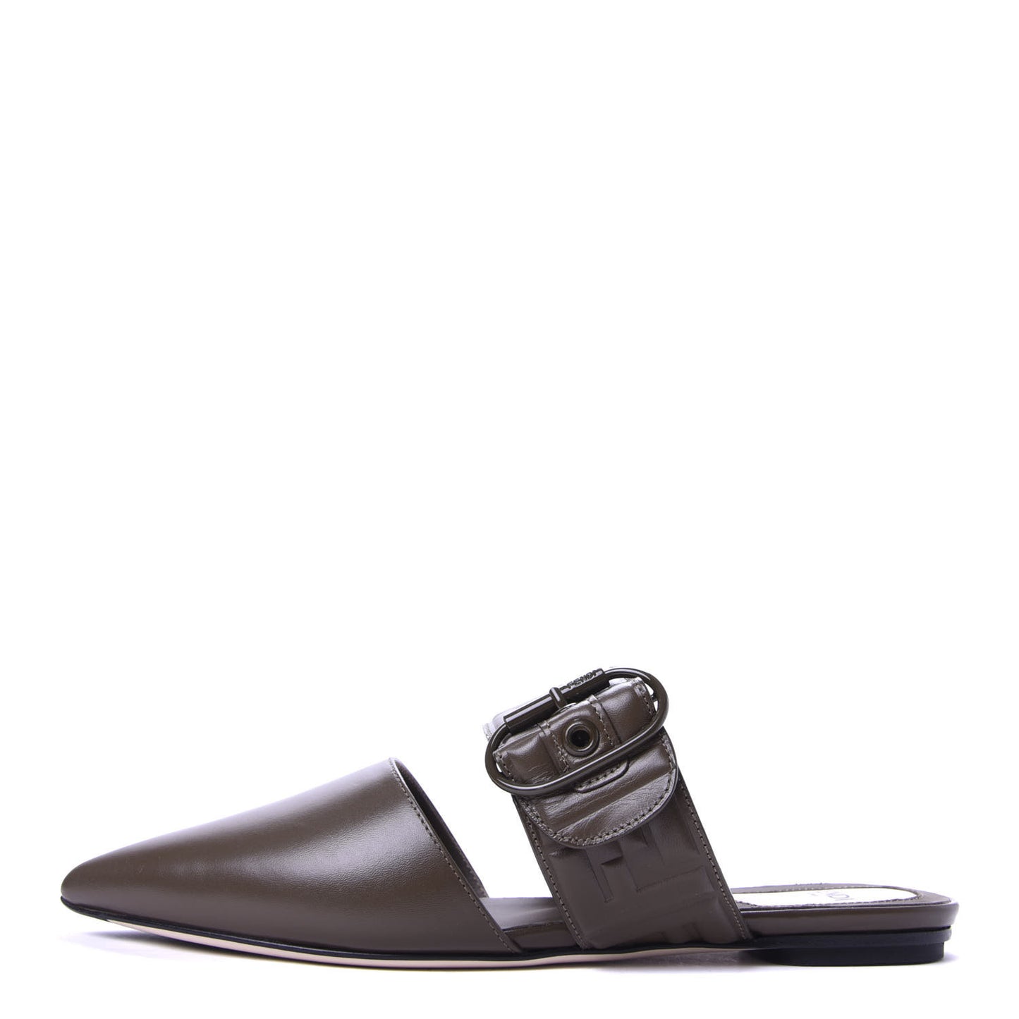 Vitello FF Embossed Buckle Flat Mules 35.5 Wood