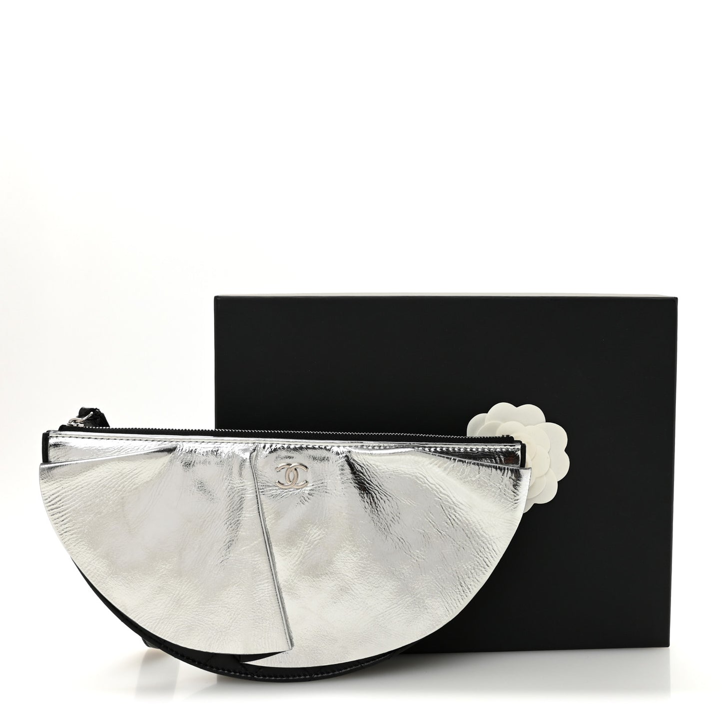 Metallic Lambskin Wave Clutch Black Silver