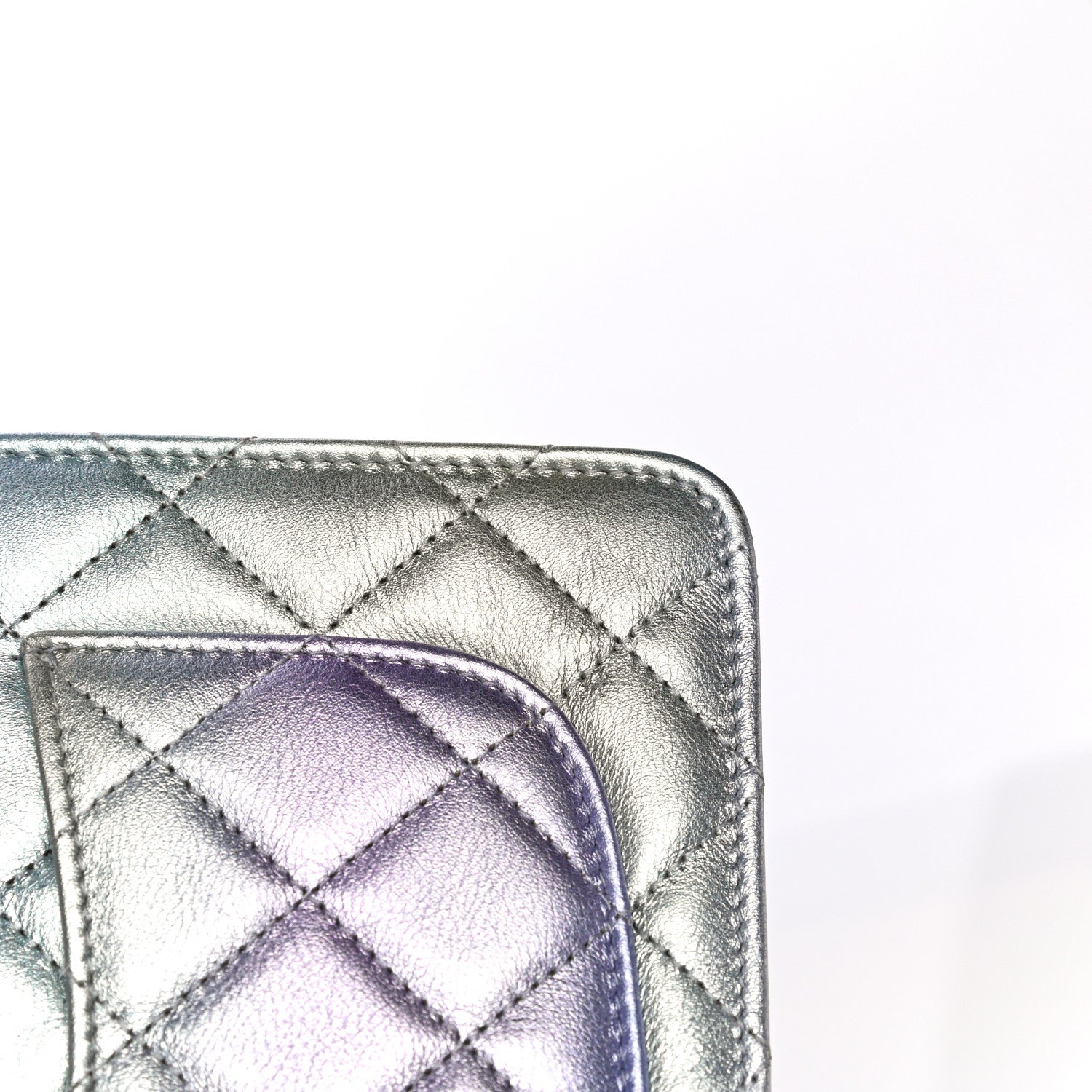 Chanel Gradient Metallic Calfskin Quilted Wallet On Chain WOC Silver Blue Yellow Purple 15 of 19