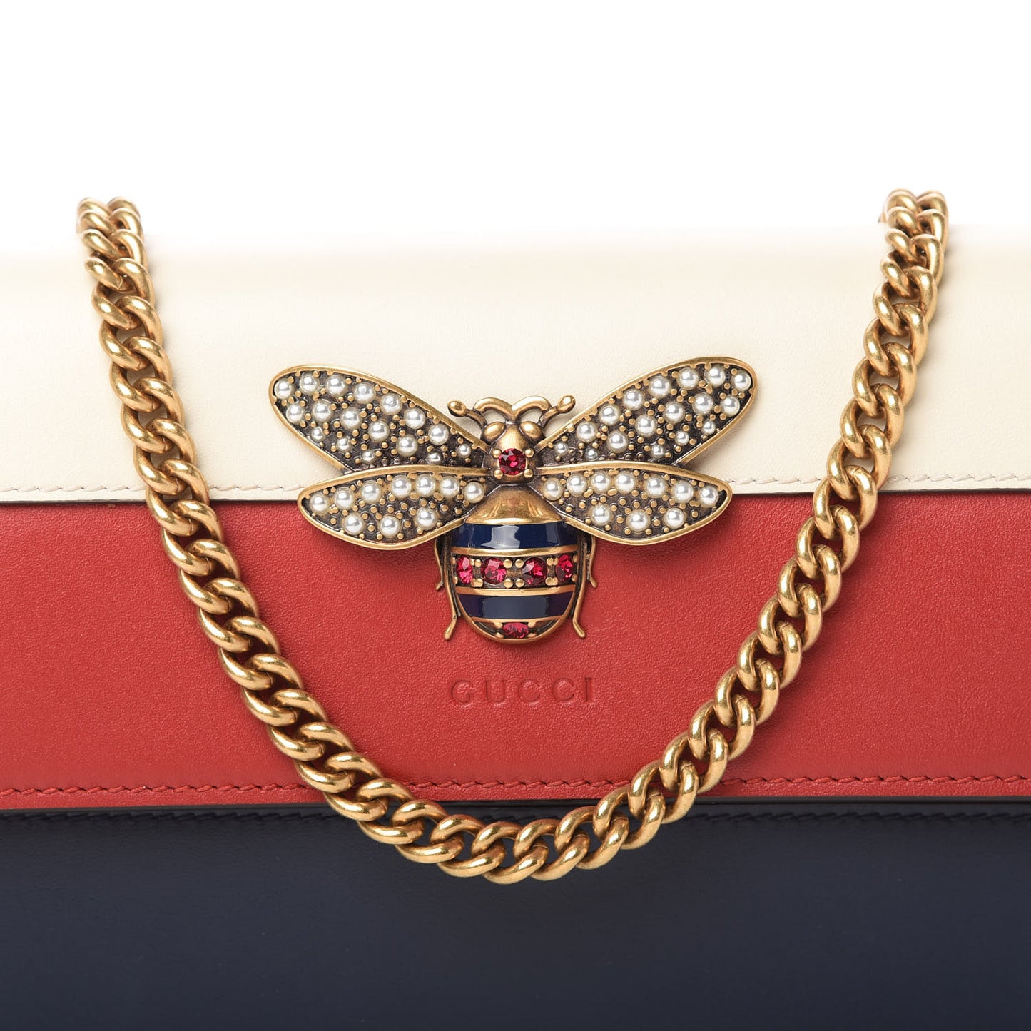 Calfskin Queen Margaret Chain Wallet Blue Agata Hibiscus Red Mystic White