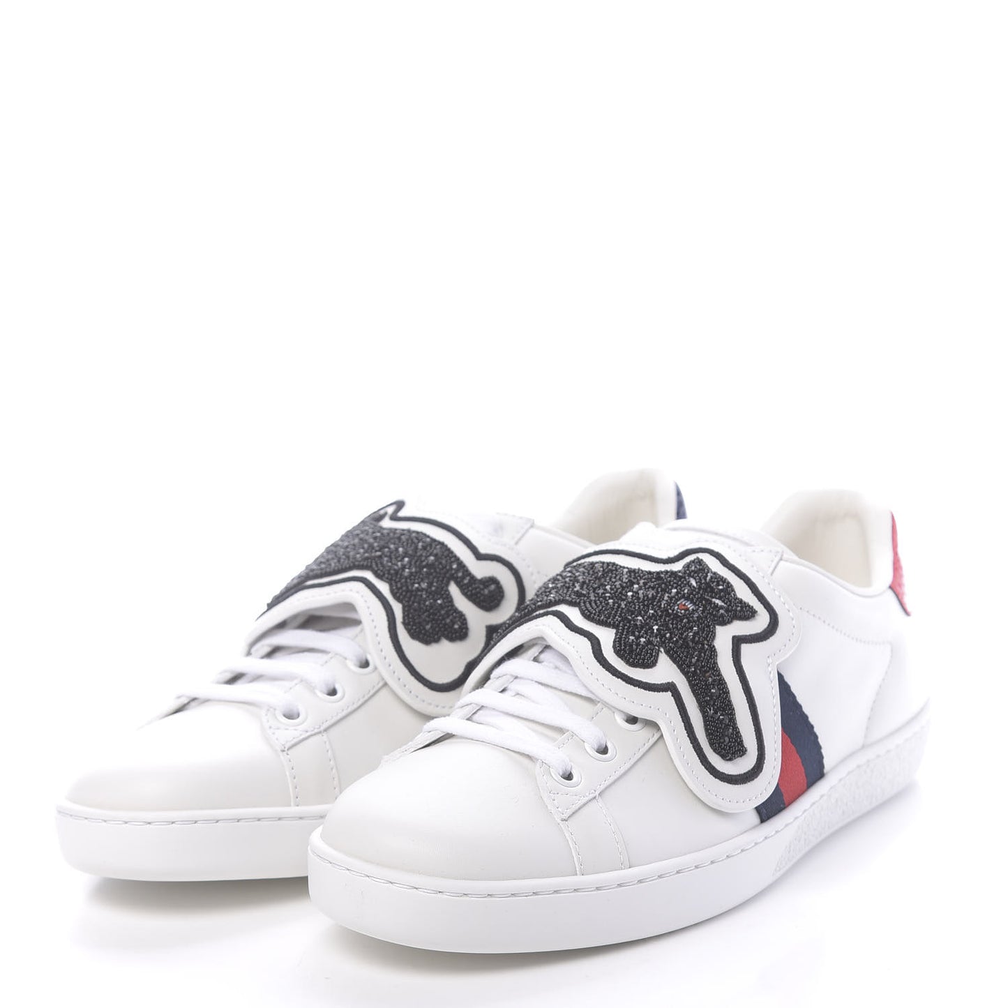 Calfskin Ayers Crystal Panther Embroidered Womens Ace Sneakers 38 White