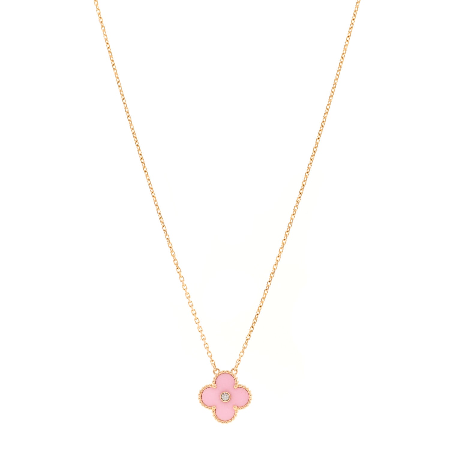 Van Cleef & Arpels 18K Rose Gold Diamond Pink Porcelain Vintage Alhambra Pendant Necklace 1 of 5