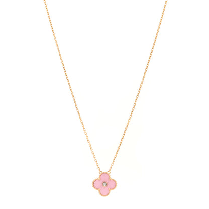 Van Cleef & Arpels 18K Rose Gold Diamond Pink Porcelain Vintage Alhambra Pendant Necklace 1 of 5