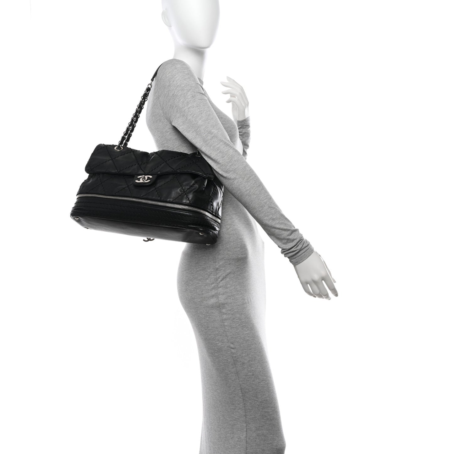 Calfskin Stitched Large Expandable Flap Bag Black